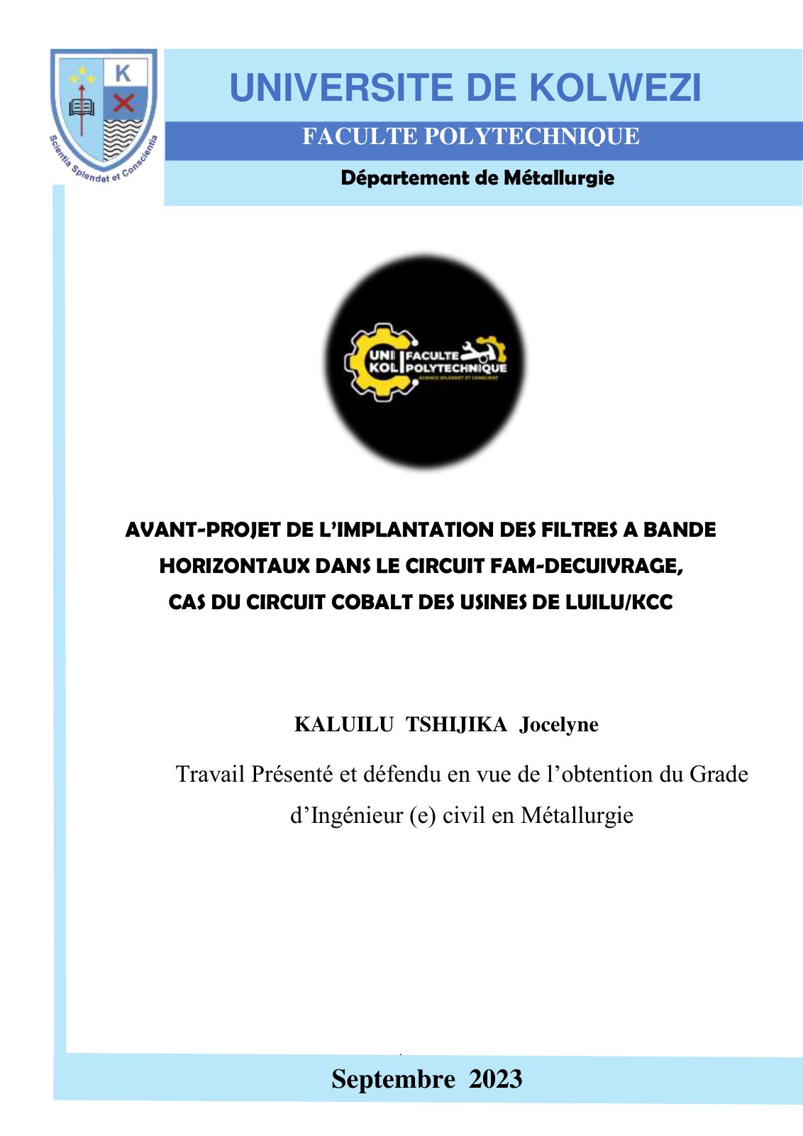 First page of AVANT-PROJET DE L’IMPLANTATION DES FILTRES A BANDE HORIZONTAUX DANS LE CIRCUIT FAM-DECUIVRAGE, CAS DU CIRCUIT COBALT DES USINES DE LUILU/KCC