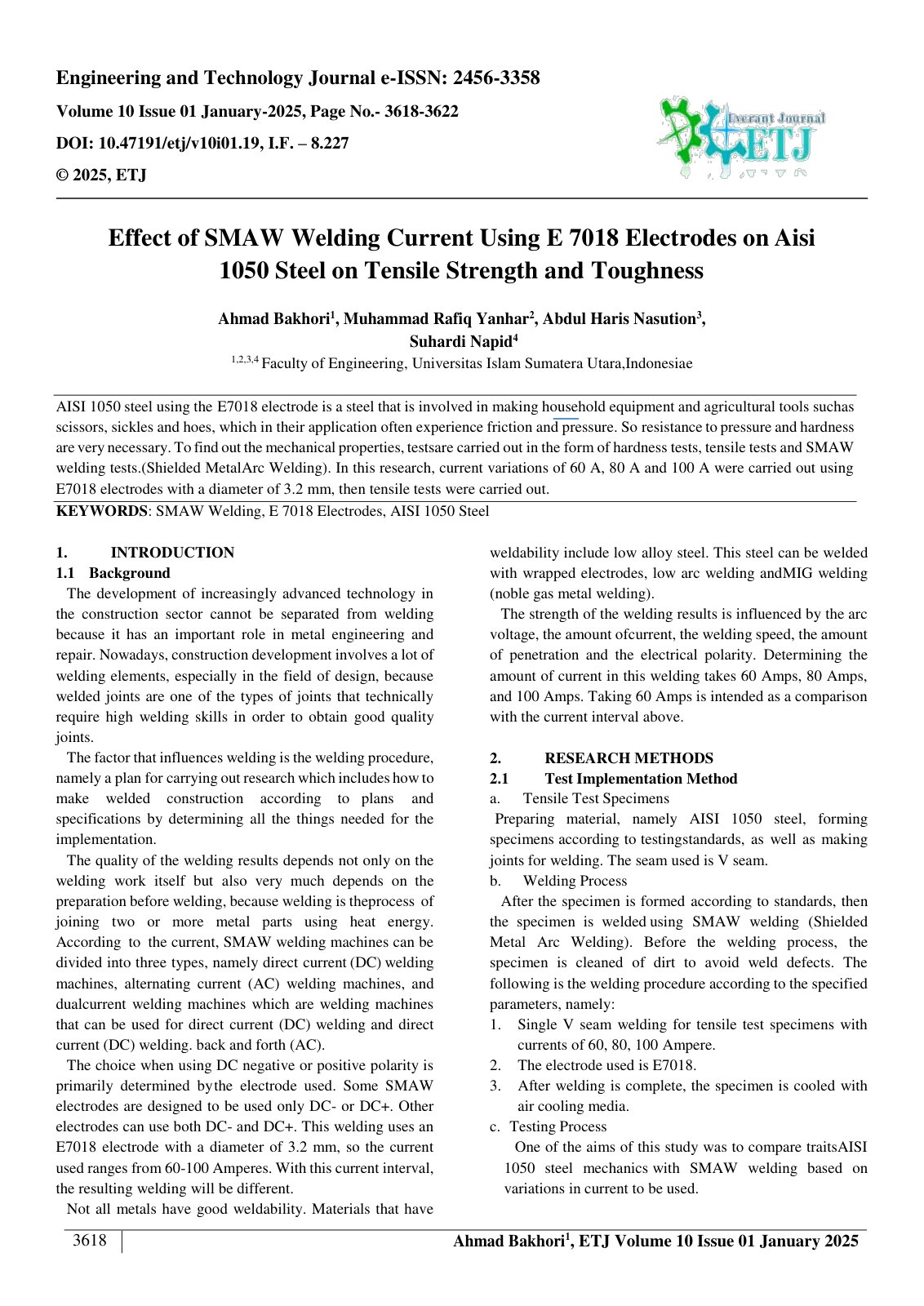 First page of Effect of SMAW Welding Current Using E 7018 Electrodes on    Aisi  1050 Steel on Tensile Strength and Toughness