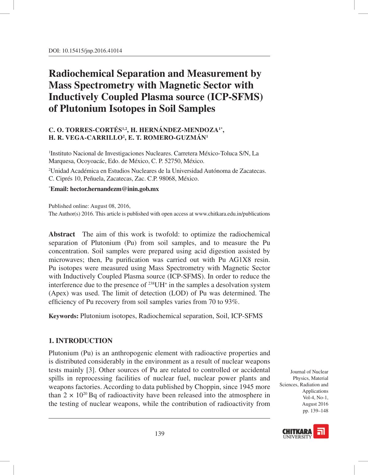 First page of Radiochemical Separation and Measurement by Mass Spectrometry with Magnetic Sector with Inductively Coupled Plasma source (ICP-SFMS) of Plutonium Isotopes in Soil Samples