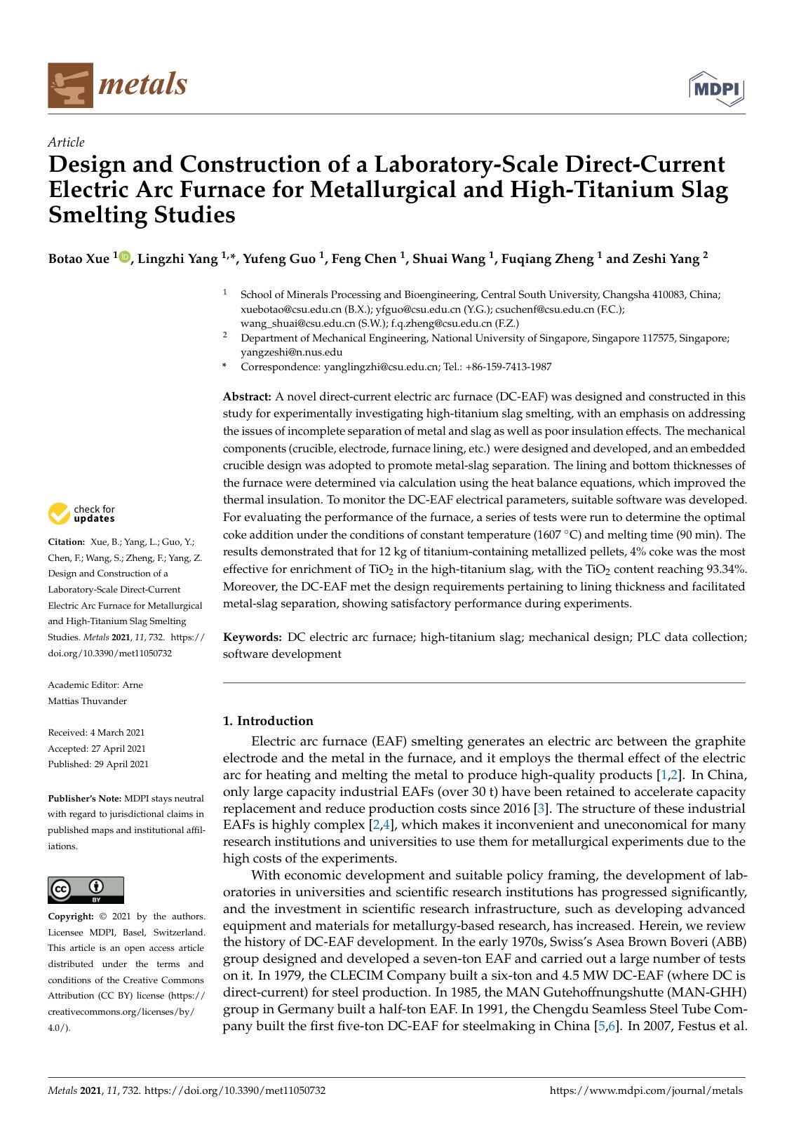 First page of Design and Construction of a Laboratory-Scale Direct-Current Electric Arc Furnace for Metallurgical and High-Titanium Slag Smelting Studies