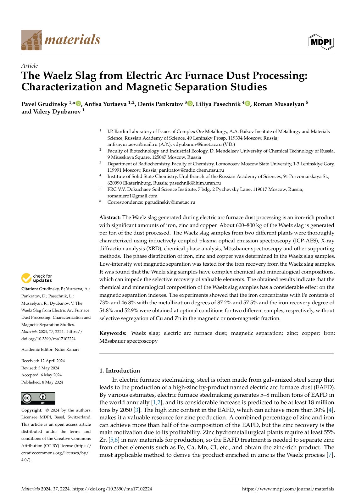 First page of The Waelz Slag from Electric Arc Furnace Dust Processing: Characterization and Magnetic Separation Studies