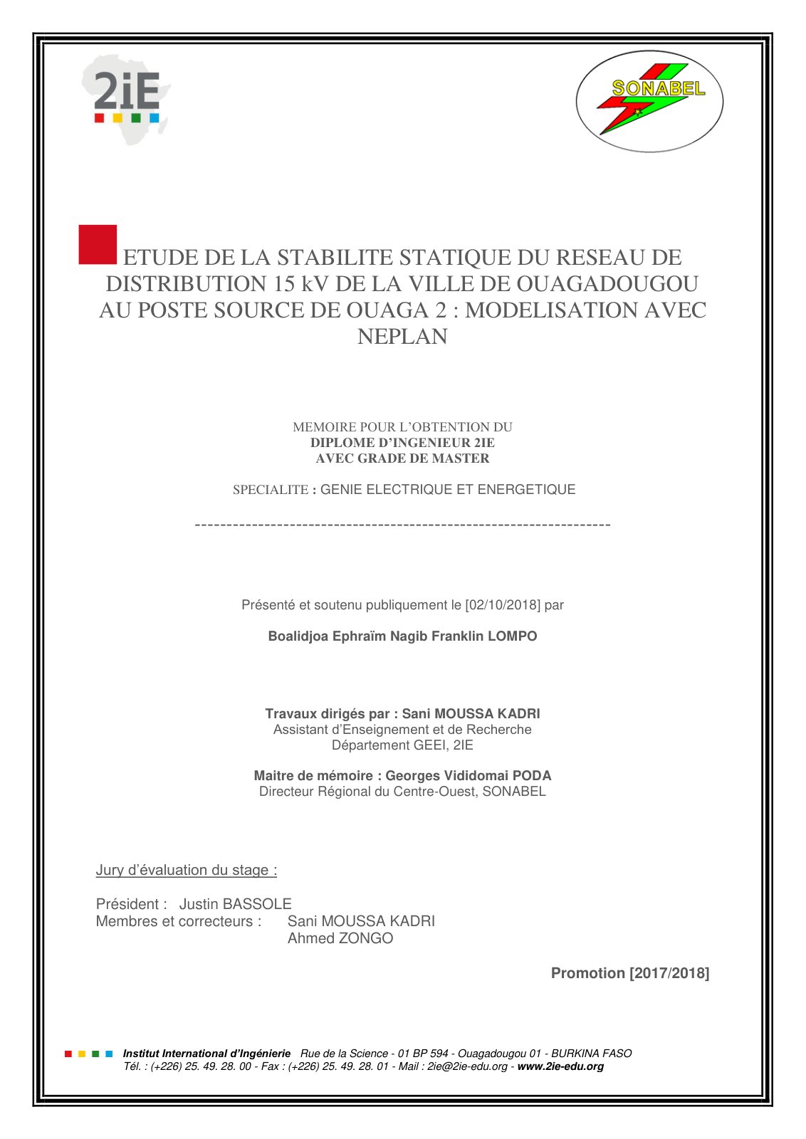 First page of M�moire Master2 2IE Energie Electricit� LOMPO FRANKLIIN 20120105