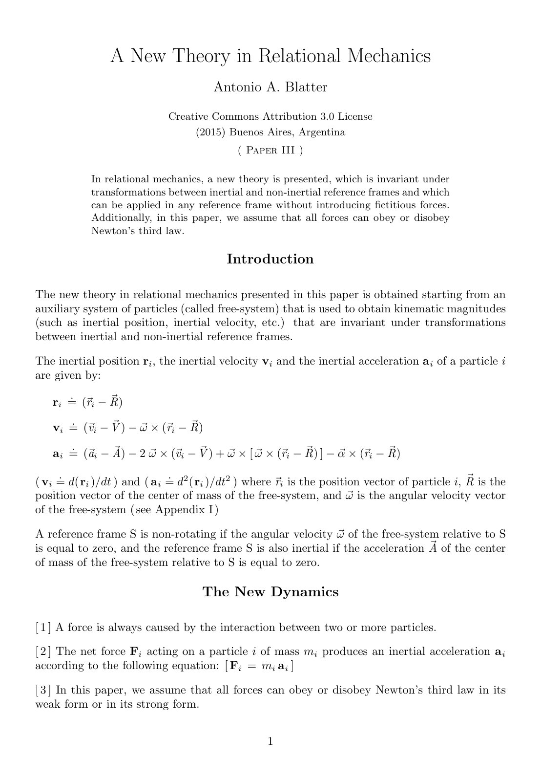 First page of A New Theory in Relational Mechanics III