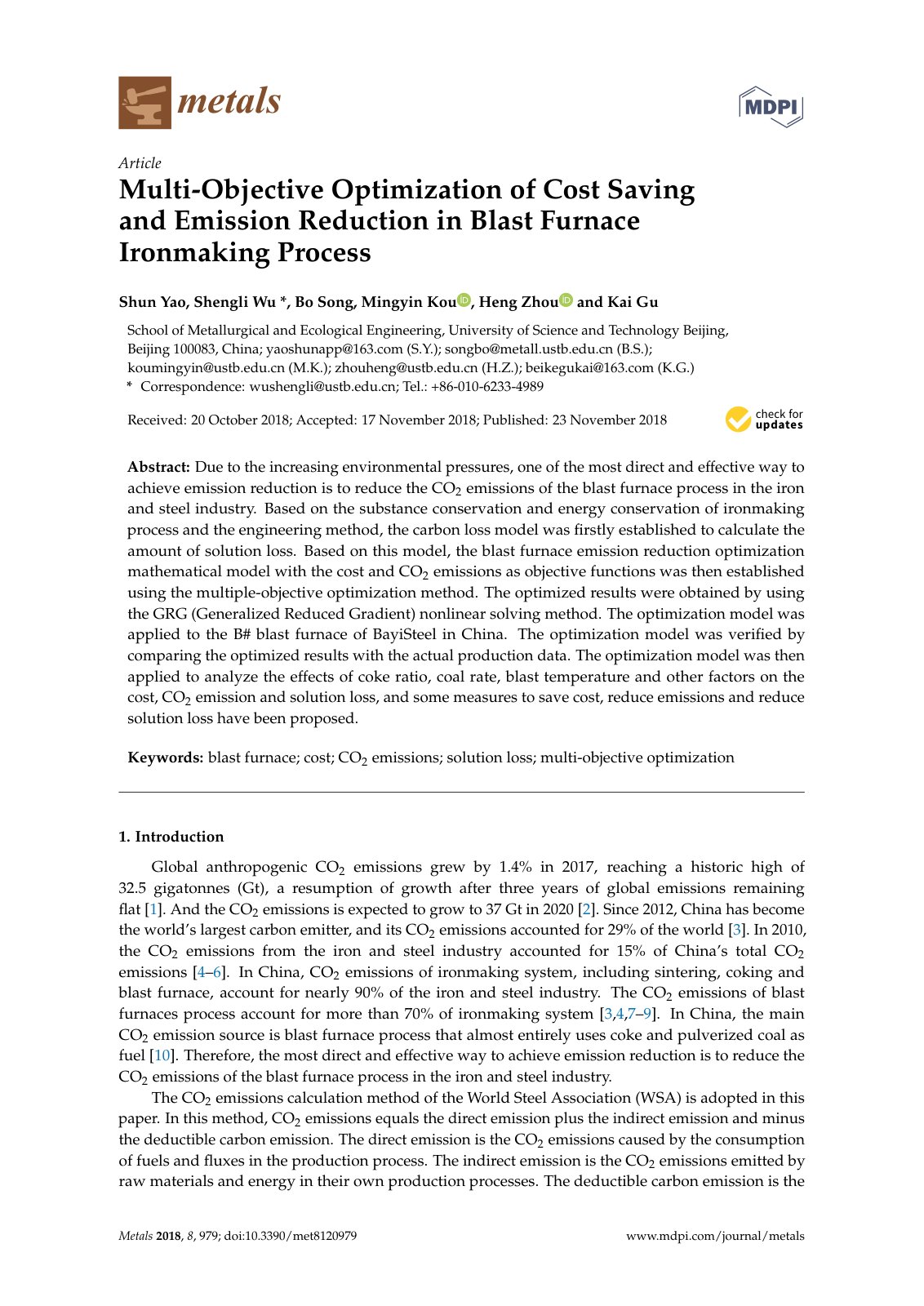 First page of 141 Multi Objective Optimization of Cost Saving and Emission Reduction in Blast Furnace Ironmaking Process