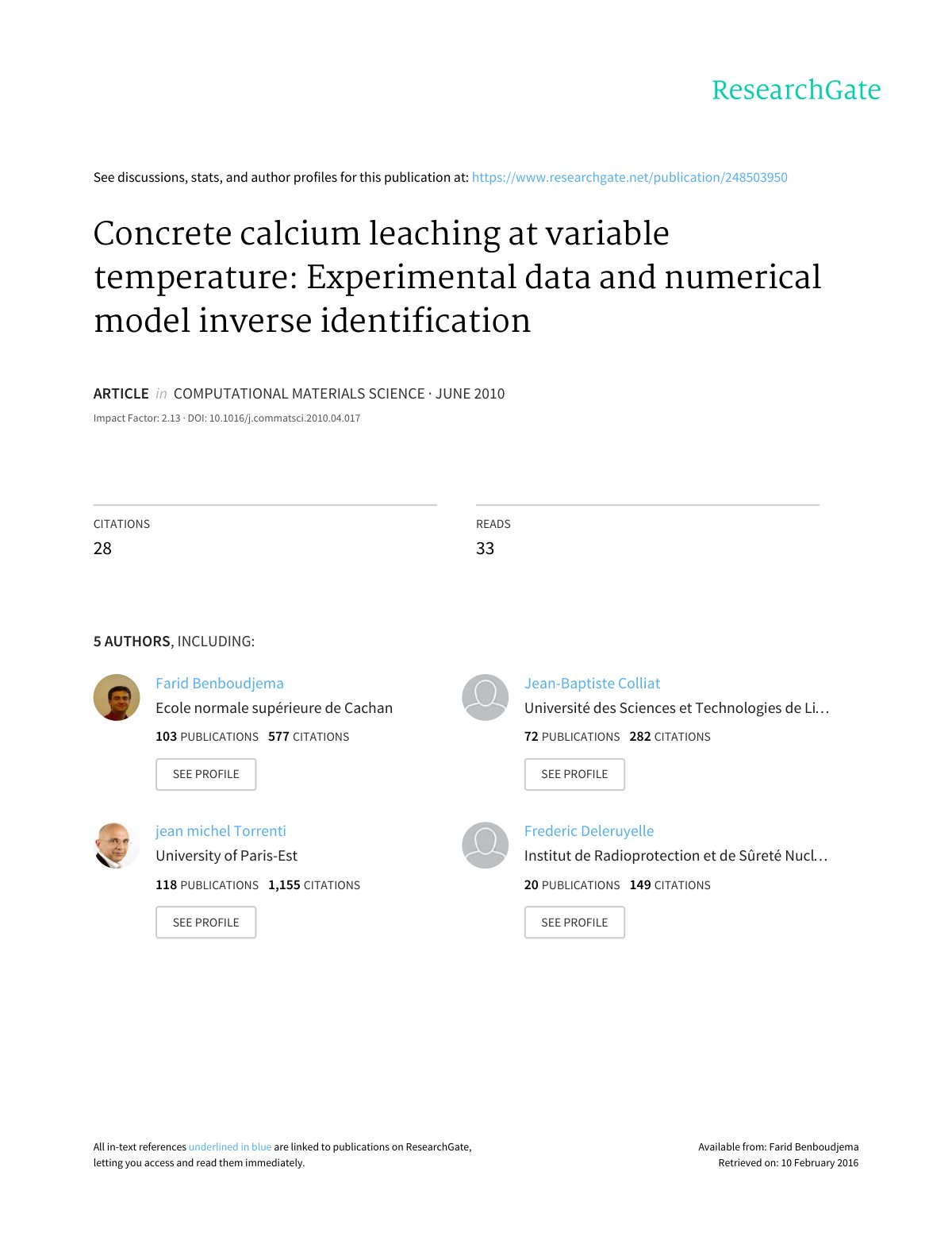 First page of Concrete calcium leaching at variable te