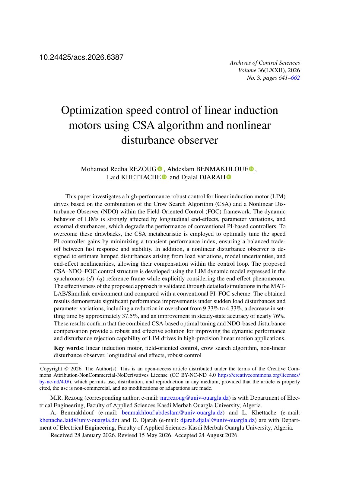 First page of Optimization speed control of linear induction motors using CSA algorithm and nonlinear disturbance observer