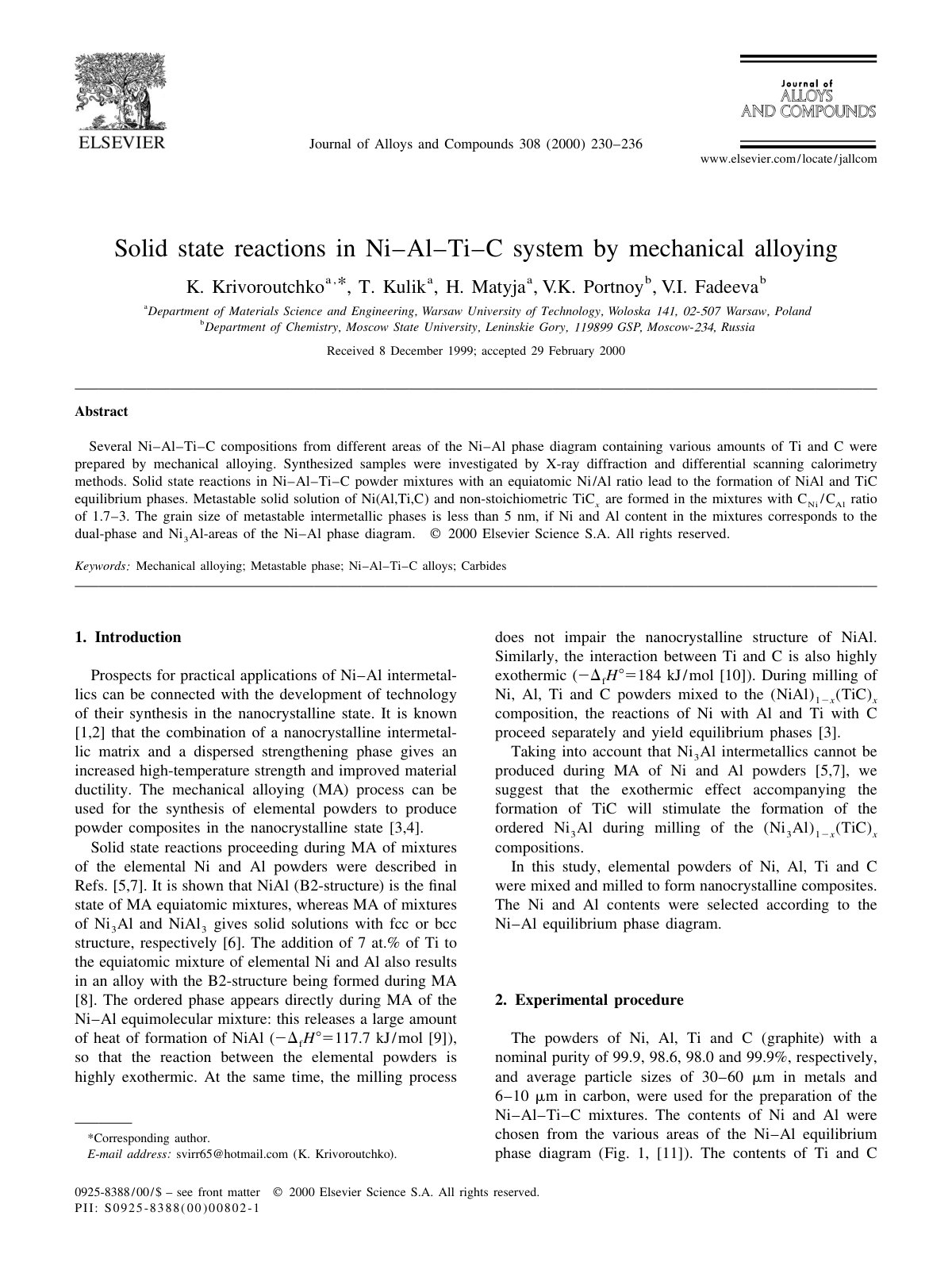 First page of Solid state reactions in Ni±Al±Ti±C system by mechanical alloying