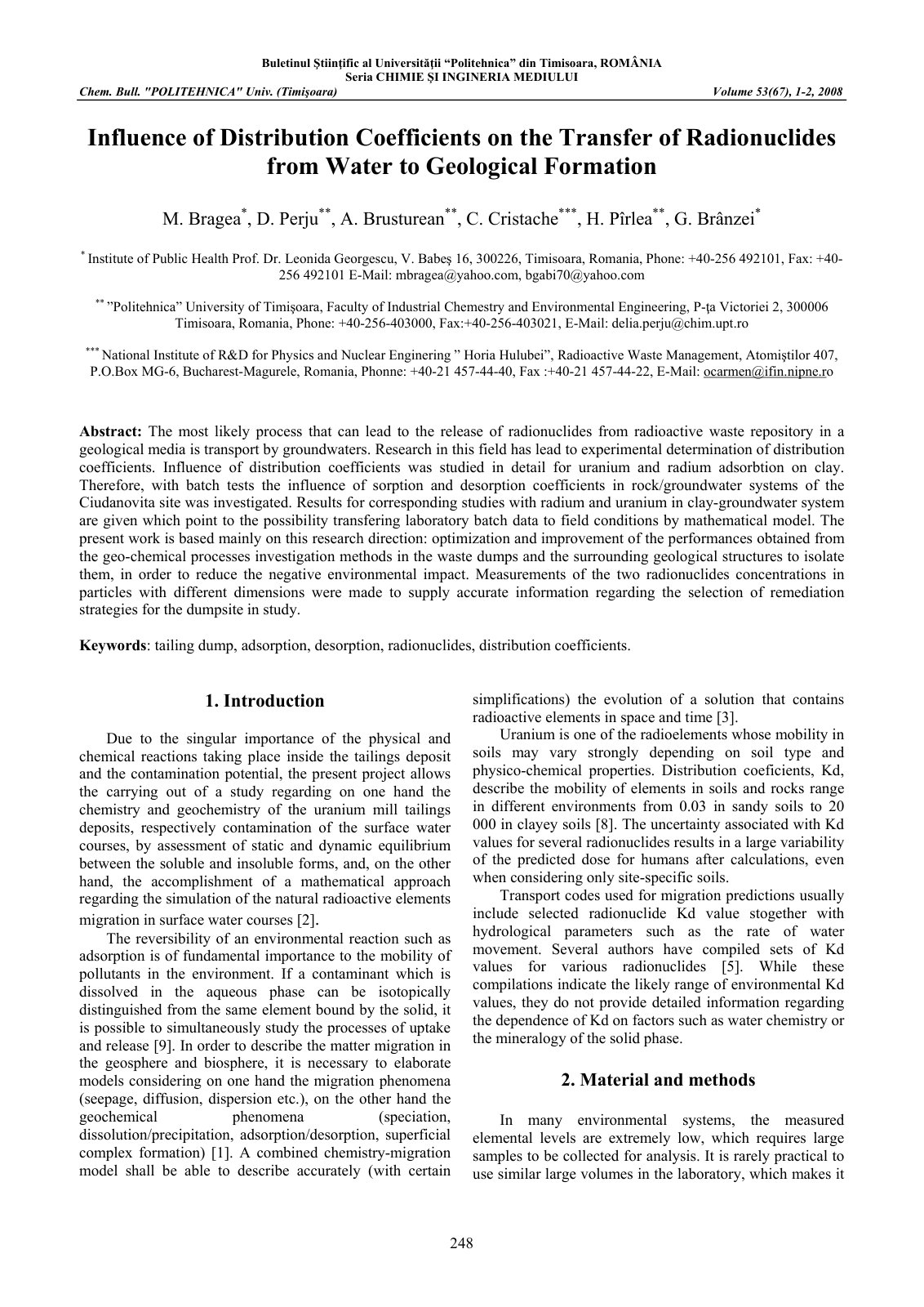 First page of Influence of Distribution Coefficients on the Transfer of Radionuclides from Water to Geological Formation