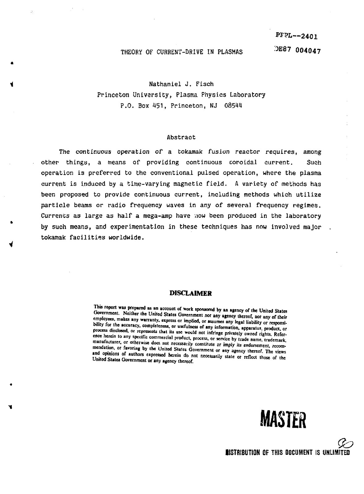 First page of Theory of current drive in plasmas