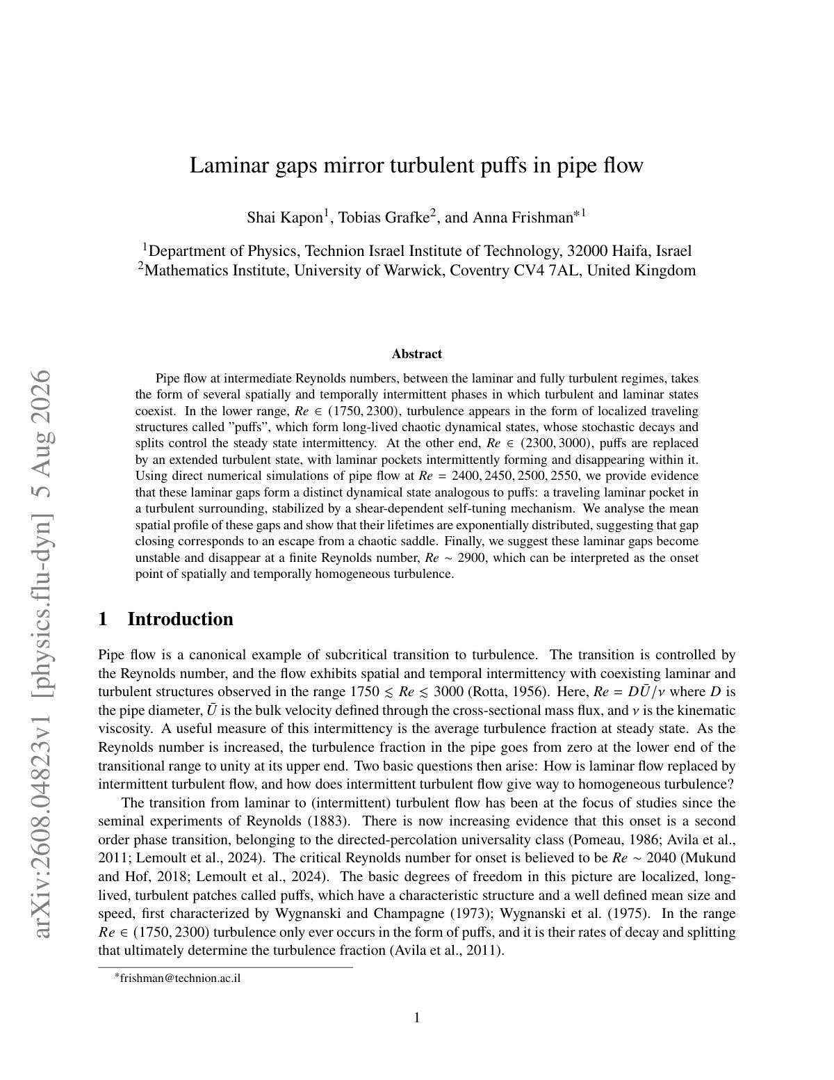 First page of 2026 Kapon Laminar Gaps Turbulent Pipe Flow