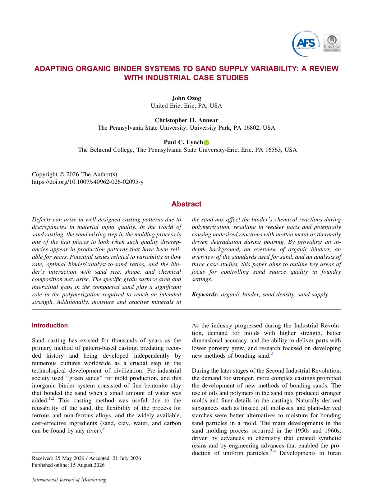 First page of 2026 Ozog Organic Binder Sand Variability Review