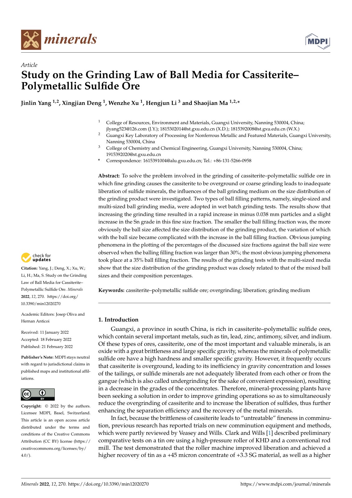First page of Study on the Grinding Law of Ball Media for Cassiterite–Polymetallic Sulfide Ore