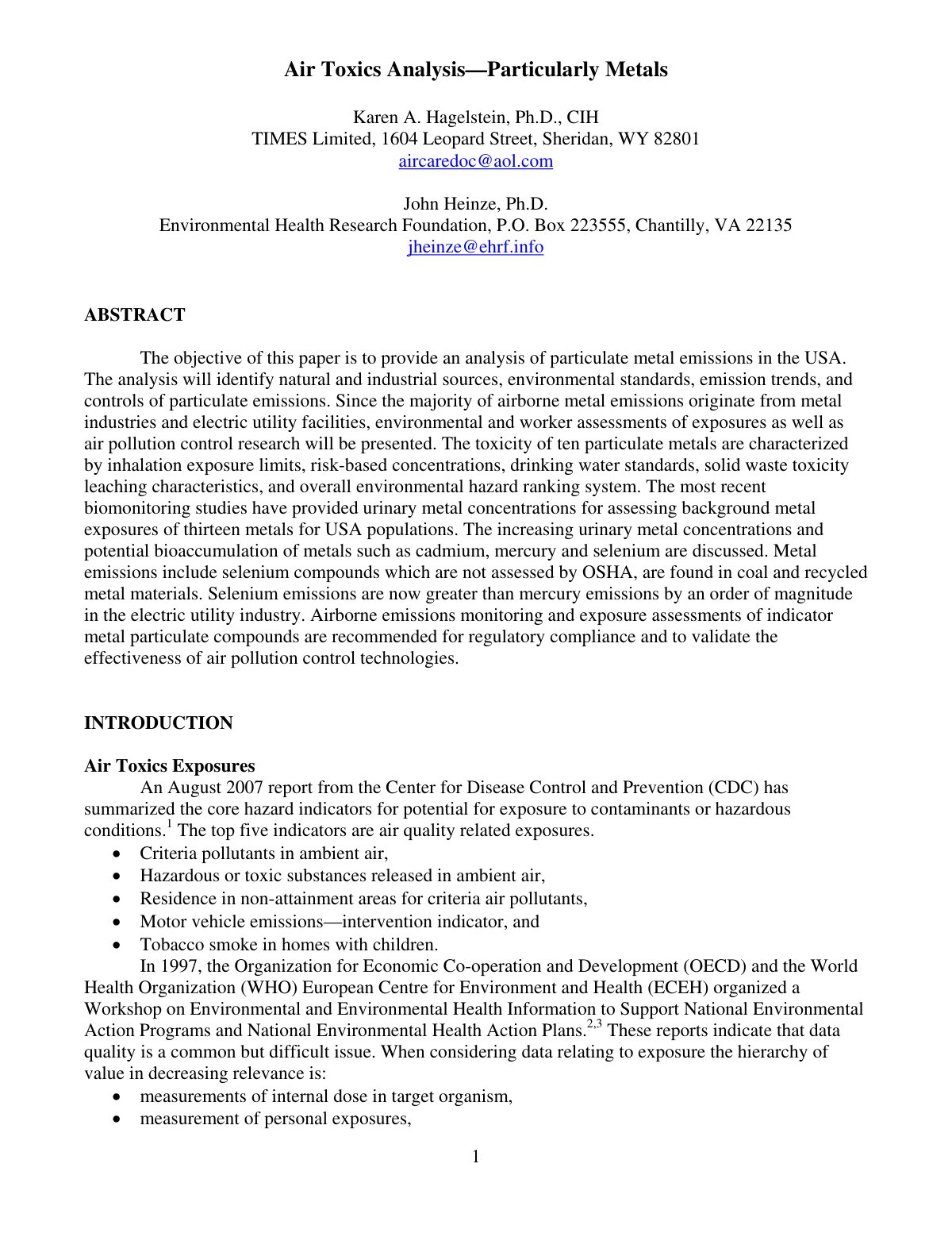 First page of Air Toxics Analysis—Particularly Metals