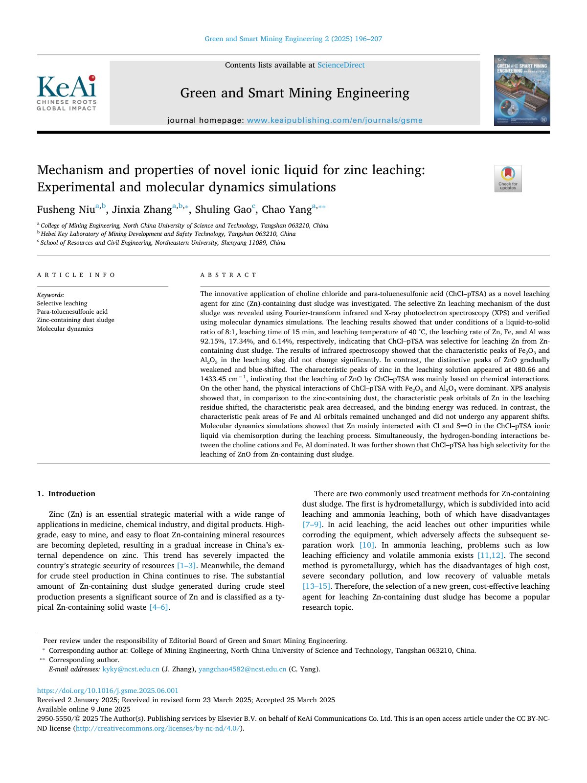 First page of Mechanism and properties of novel ionic liquid for zin 2025 Green and Smart 
