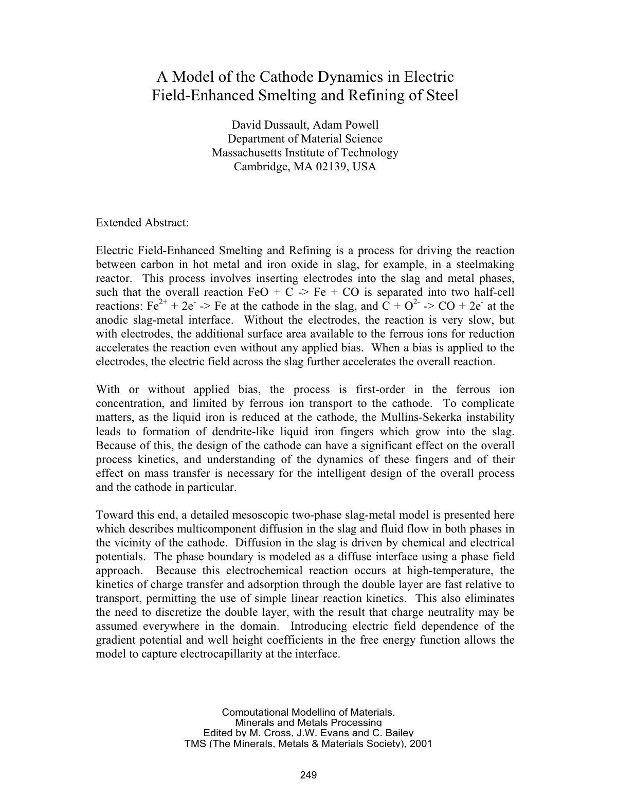 First page of A Model of the Cathode Dynamics in Electric Field-Enhanced Smelting and Refining of Steel