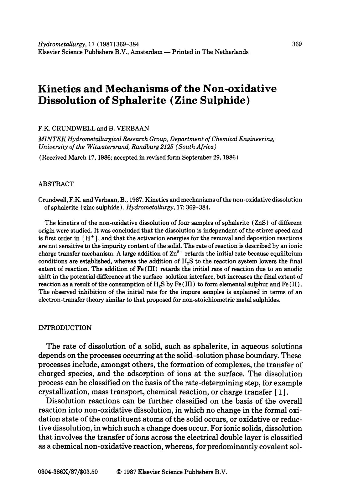 First page of Kinetics and Mechanisms of the Non-oxidative Dissolution of Sphalerite (Zinc Sulphide)
