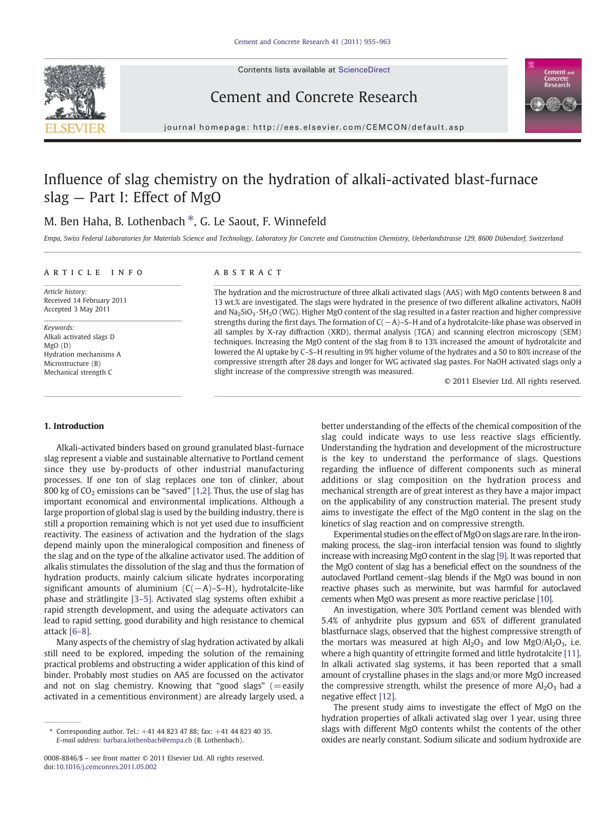 First page of Inﬂuence of slag chemistry on the hydration of alkali-activated blast-furnace slag — Part I: Effect of MgO