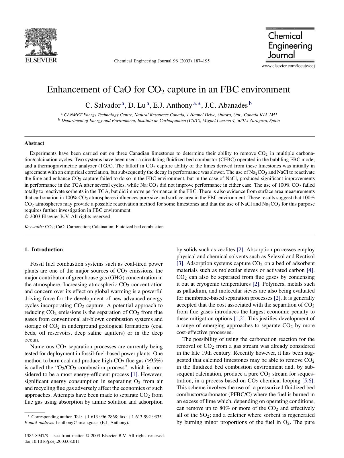 First page of Enhancement of CaO for CO 2 capture in a