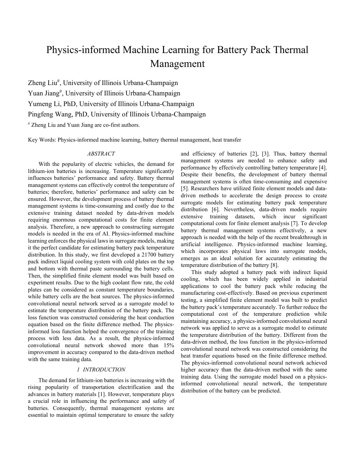 First page of Physics-informed Machine Learning for Battery Pack Thermal