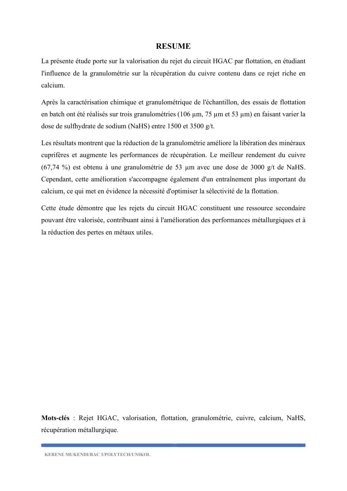 First page of La valorisation du rejet du circuit HGAC par flottation