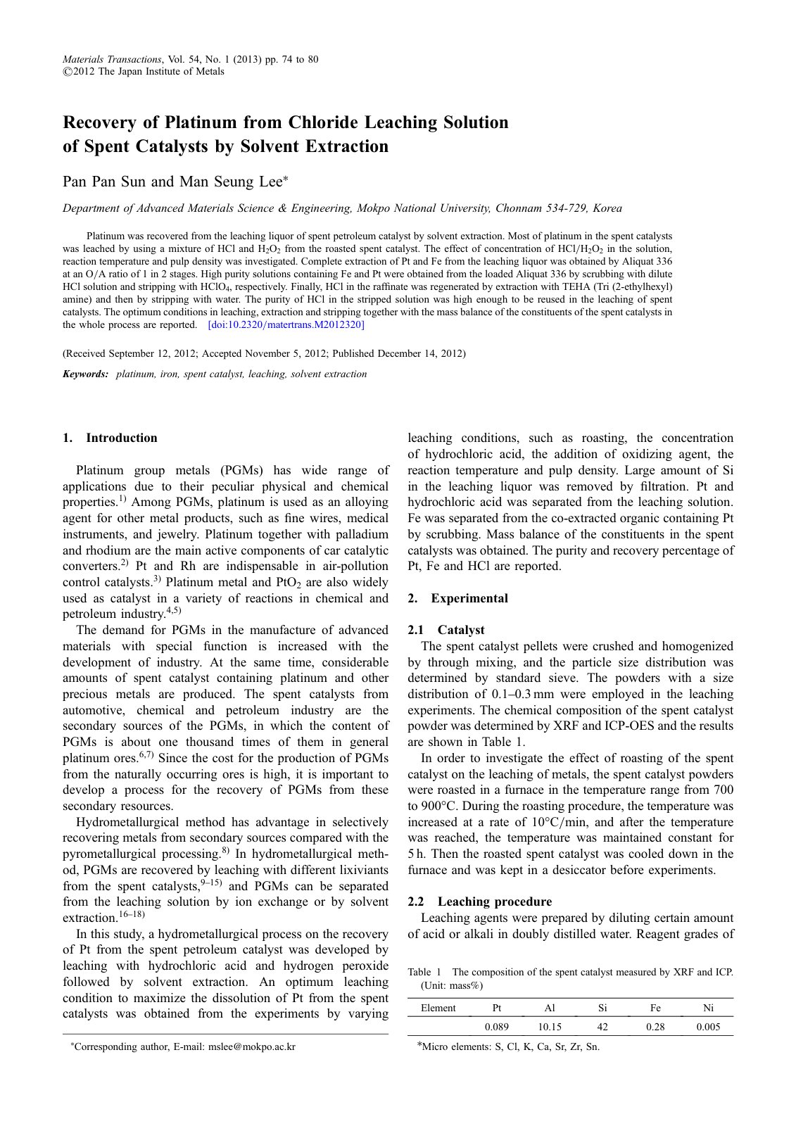 First page of Recovery of Platinum from Chloride Leach