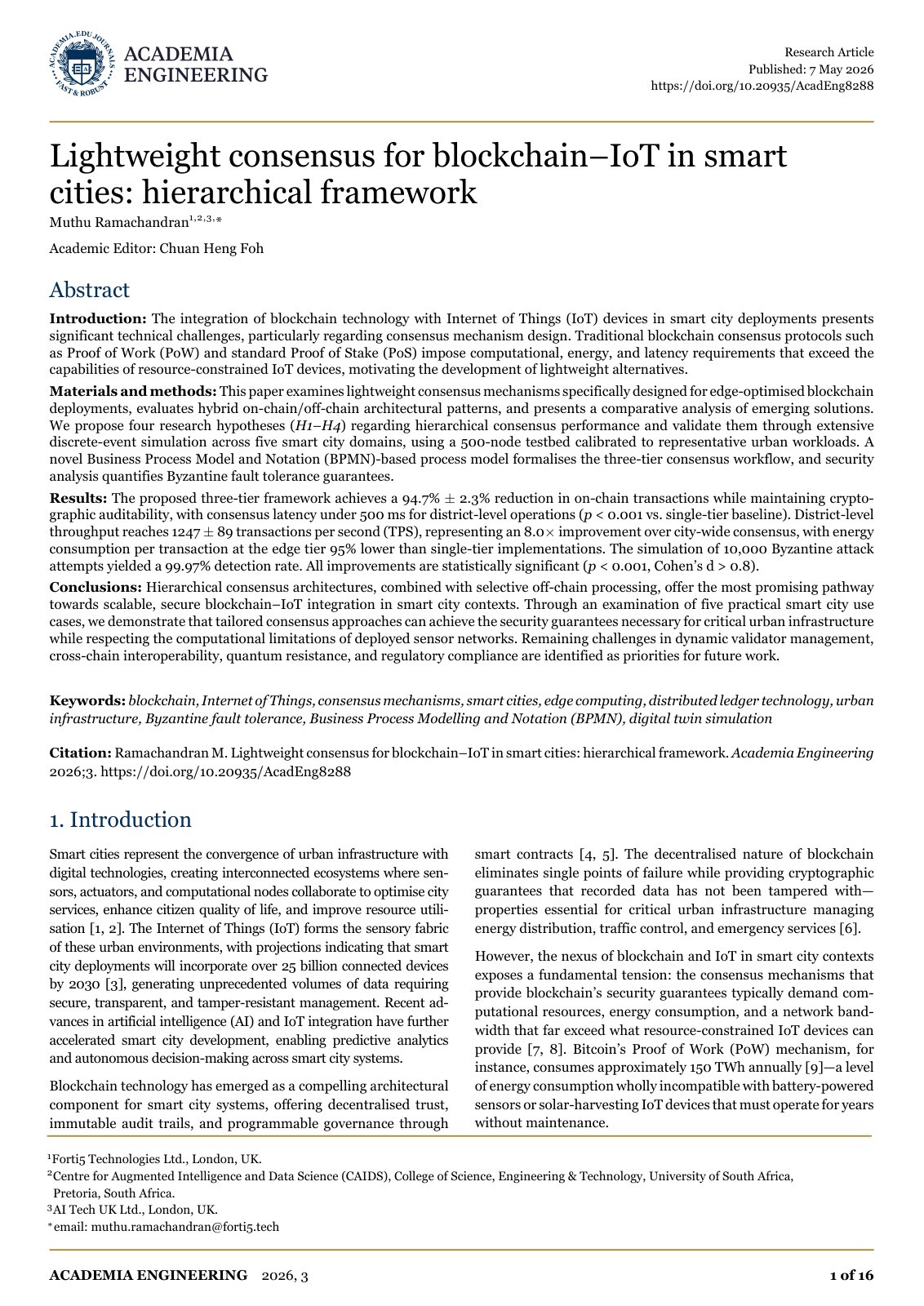 First page of Lightweight consensus for blockchain–IoT in smart cities: hierarchical framework