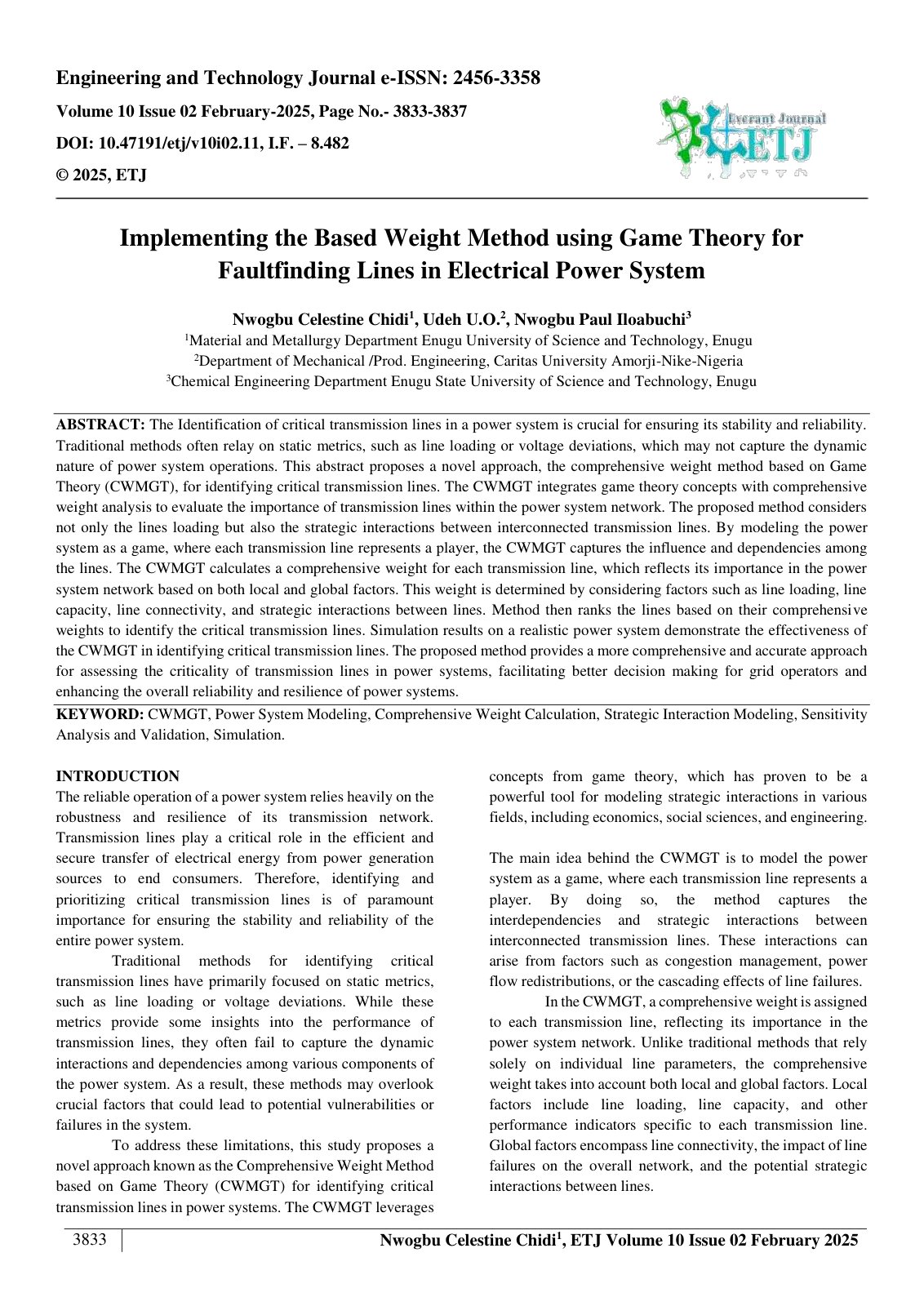 First page of Implementing the Based Weight Method using Game Theory for  Faultfinding Lines in Electrical Power System  
