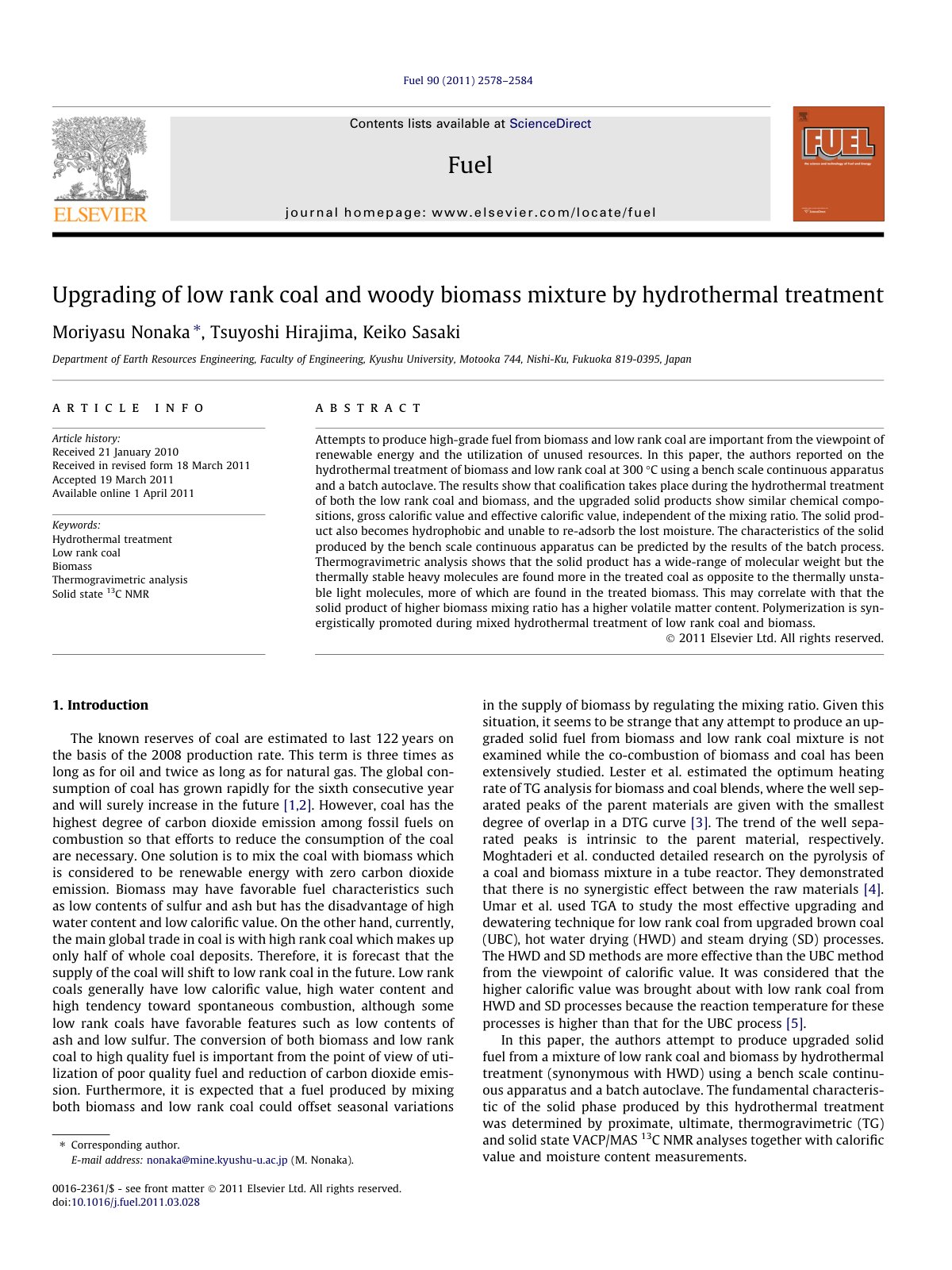 First page of Upgrading of low rank coal and woody bio