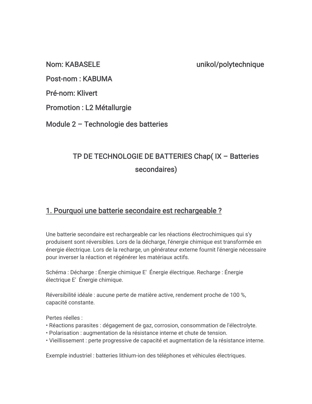 First page of KABASELE KABUMA TP DE TECHNOLOGIE DE BATTERIES MODULE 2