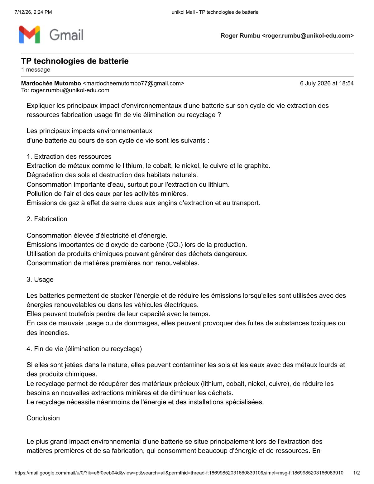 First page of TP technologies de batterie