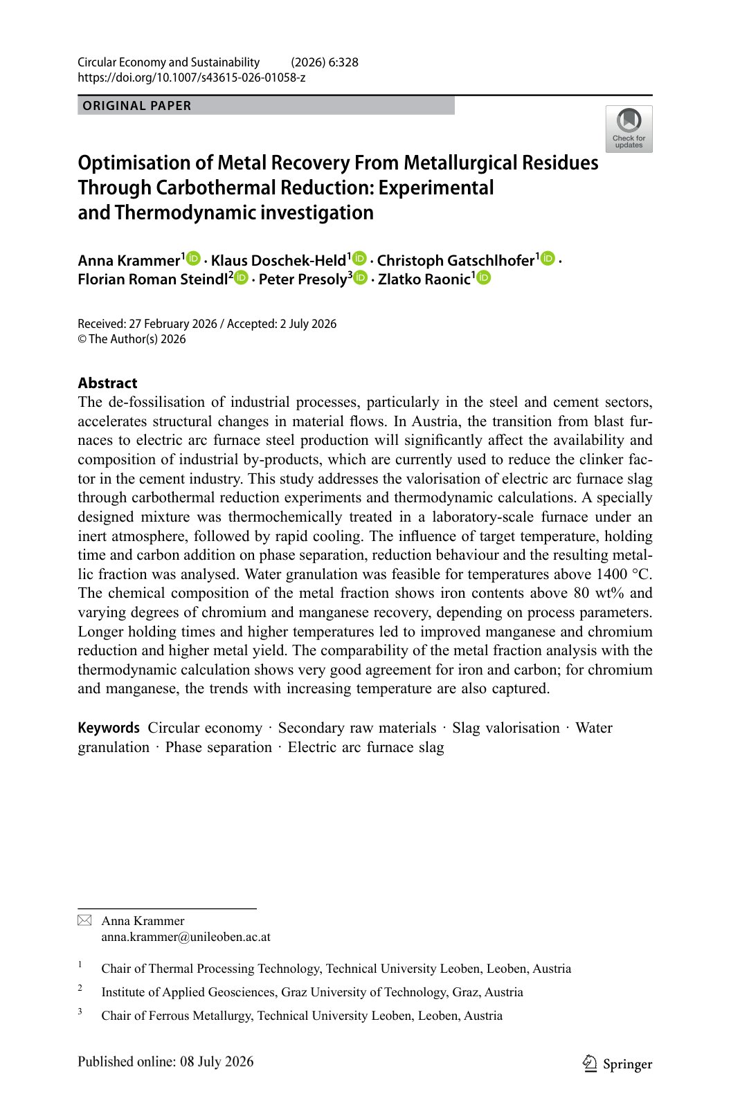First page of Optimisation of Metal Recovery From Metallurgical Residues Through Carbothermal Reduction: Experimental and Thermodynamic investigation