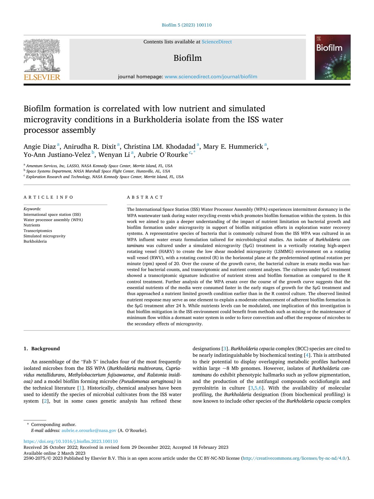 First page of Biofilm formation is correlated with low
