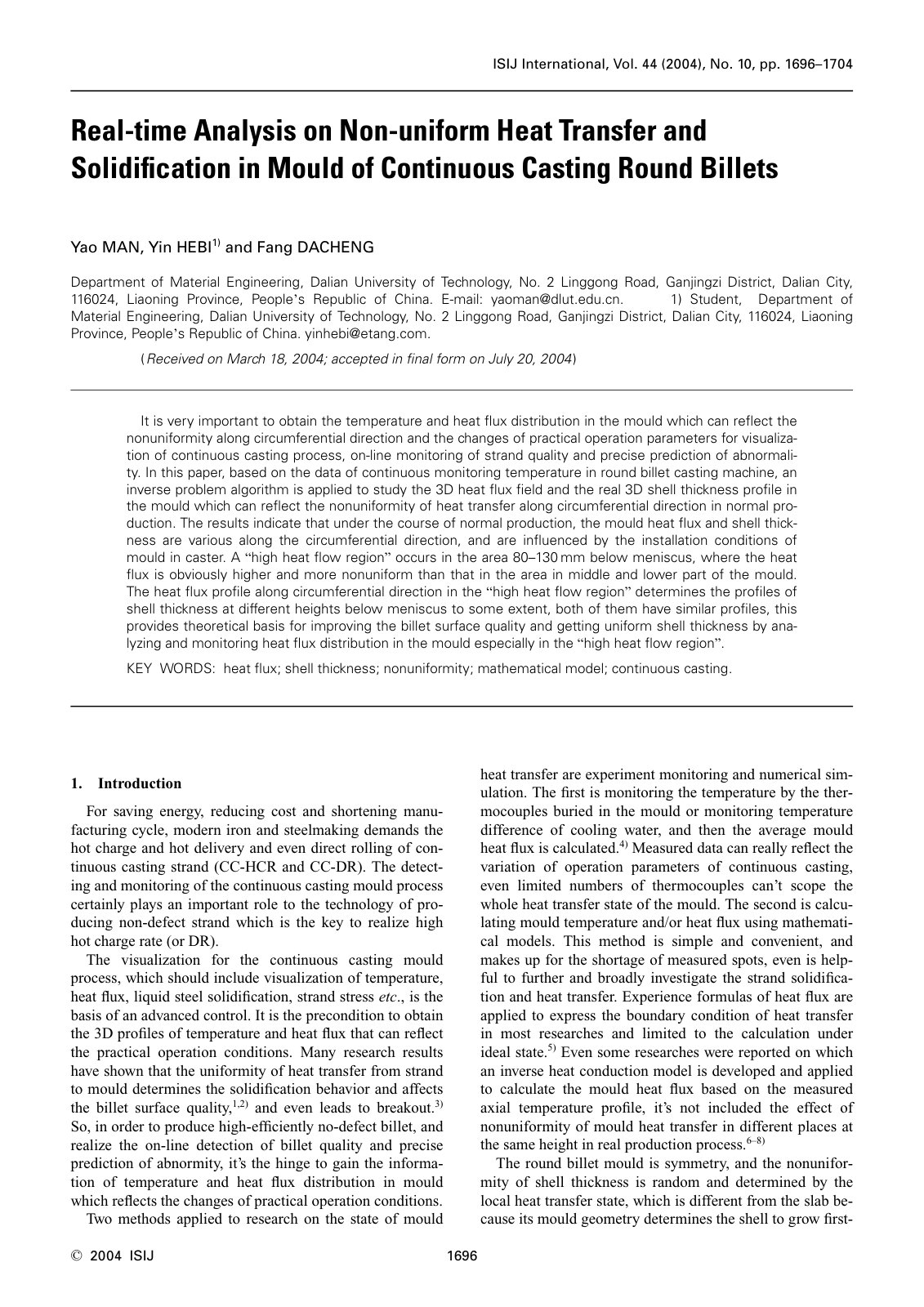 First page of Detection and Monitoring of Continuous Casting Mould Process