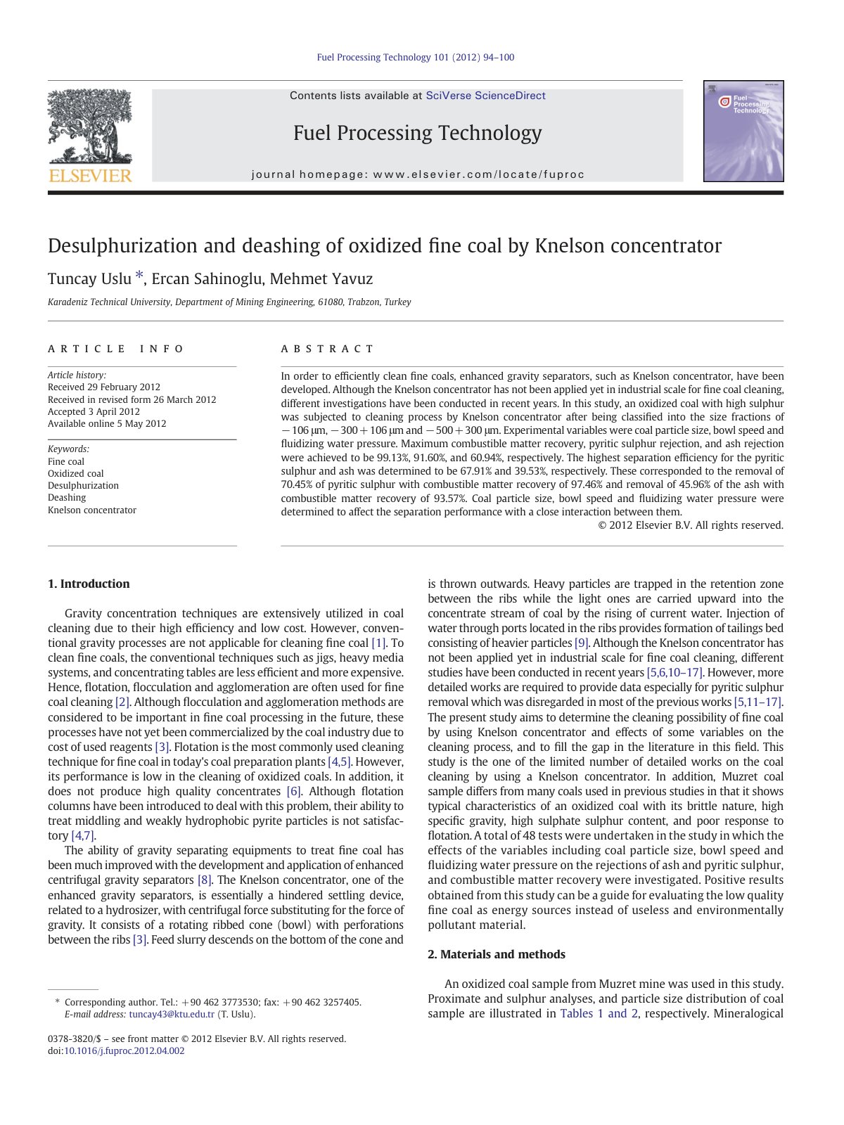 First page of Desulphurization and deashing of oxidize