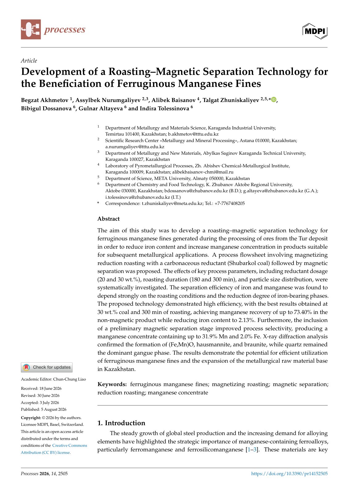First page of Development of a Roasting–Magnetic Separation Technology for the Beneficiation of Ferruginous Manganese Fines