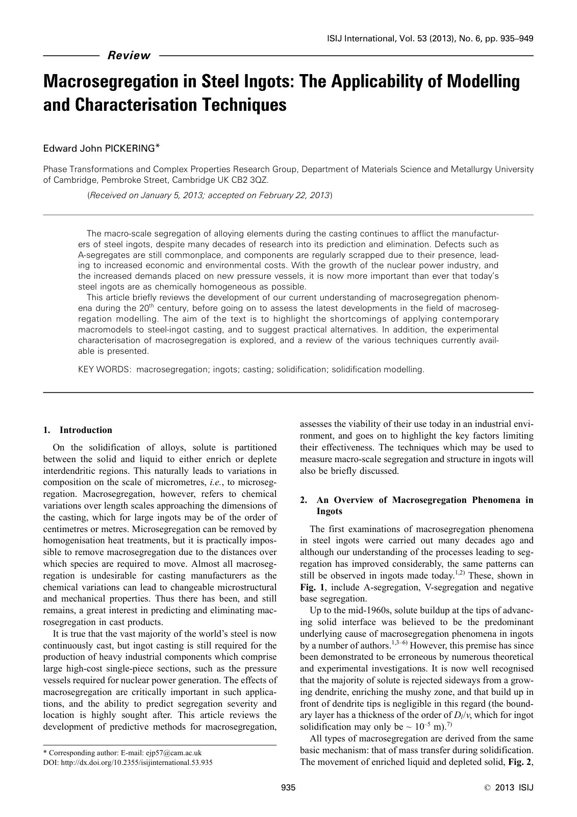 First page of 2013 E.J. Pickering Macrosegregation in Steel Ingots The Applicability of Modelling and Characterisation Techniques isijinternational.53.935