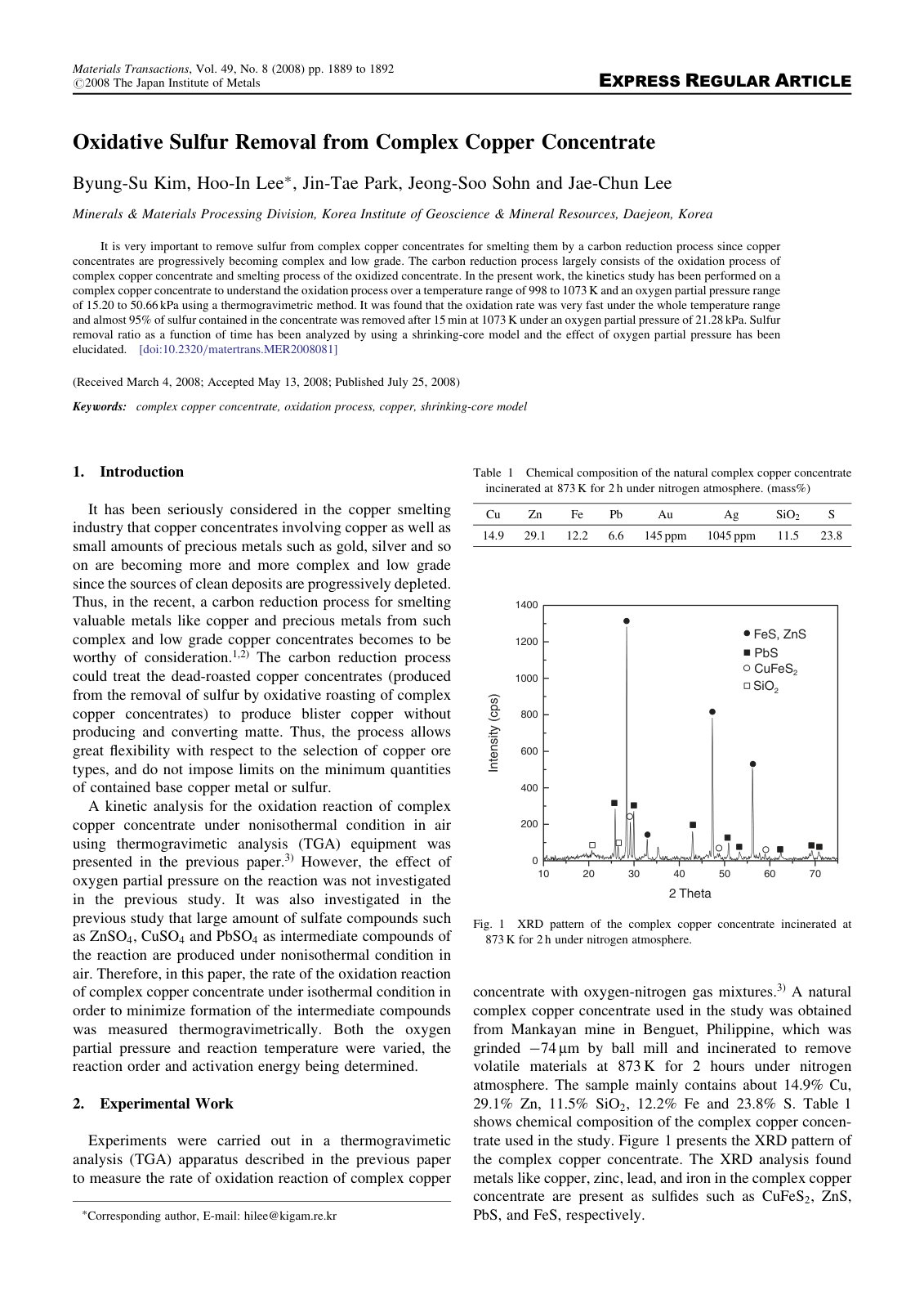 First page of Oxidative Sulfur Removal from Complex Copper Concentrate