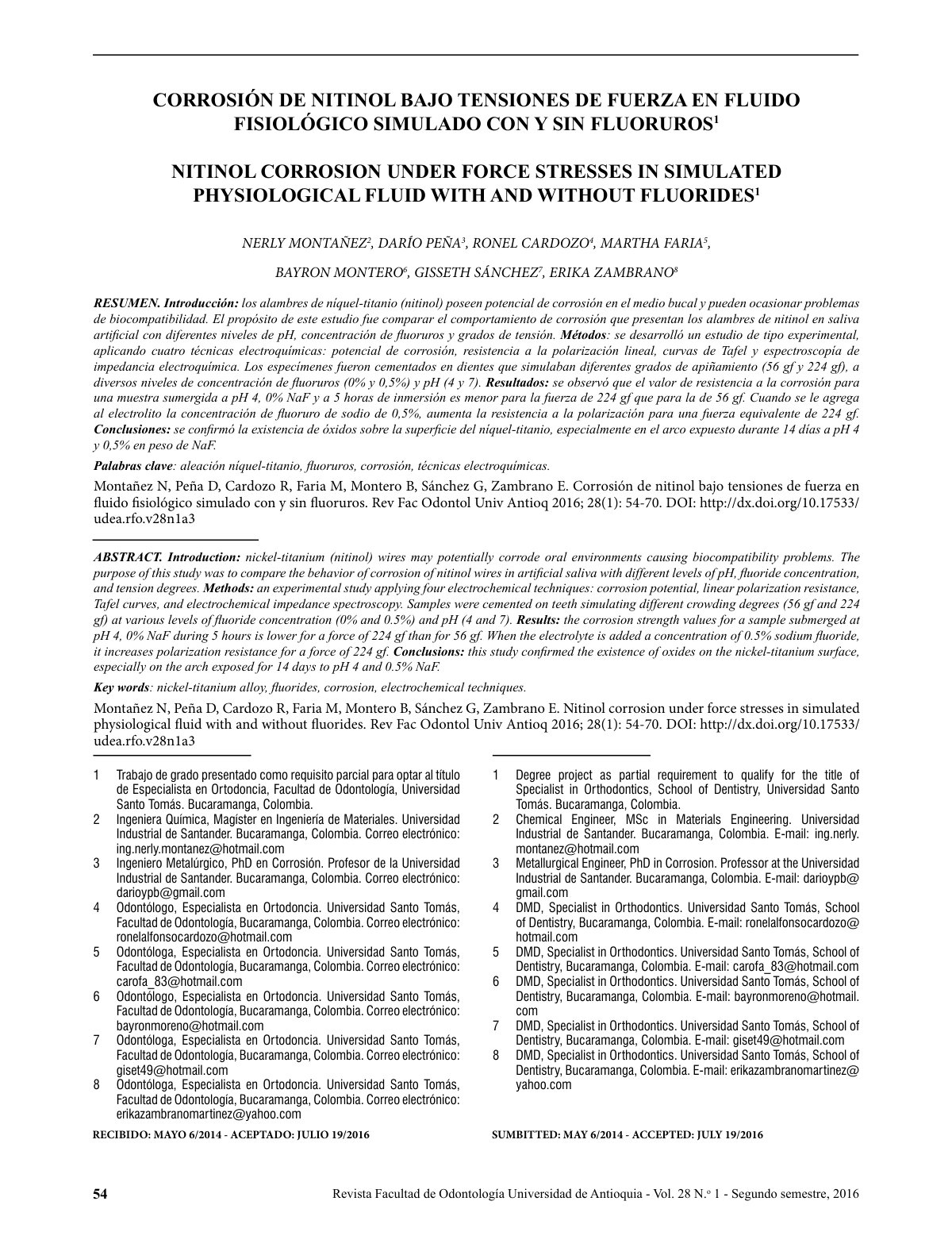 First page of Nitinol corrosion under force stresses in simulated physiological fluid with and without fluorides