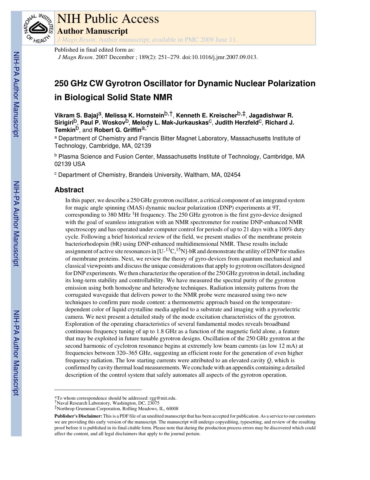 First page of 250GHz CW gyrotron oscillator for dynami