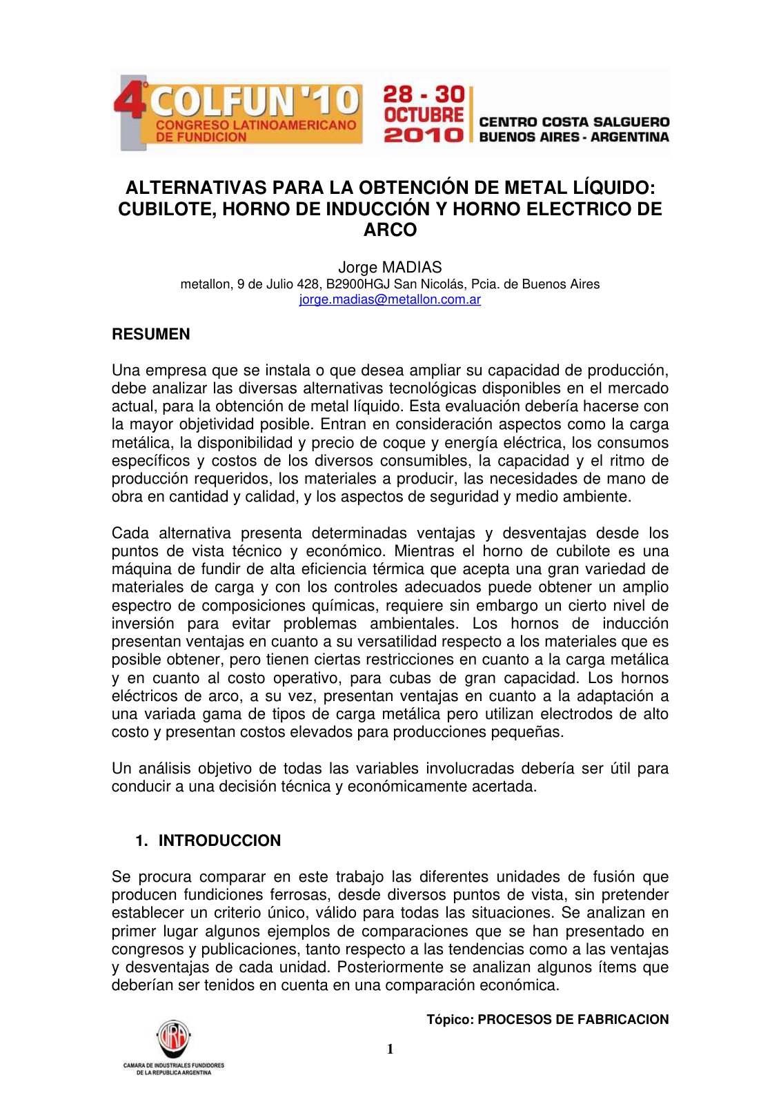 First page of Alternativas para la produccion de metal