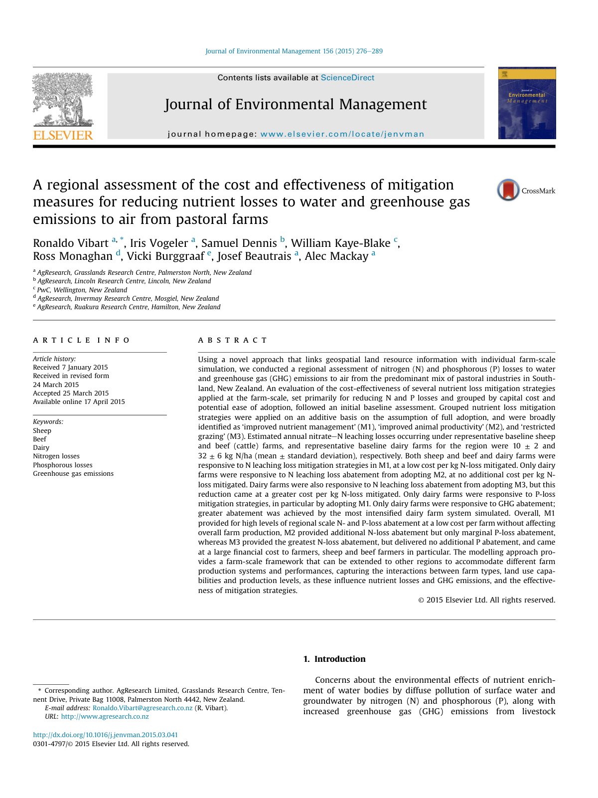 First page of A regional assessment of the cost and ef