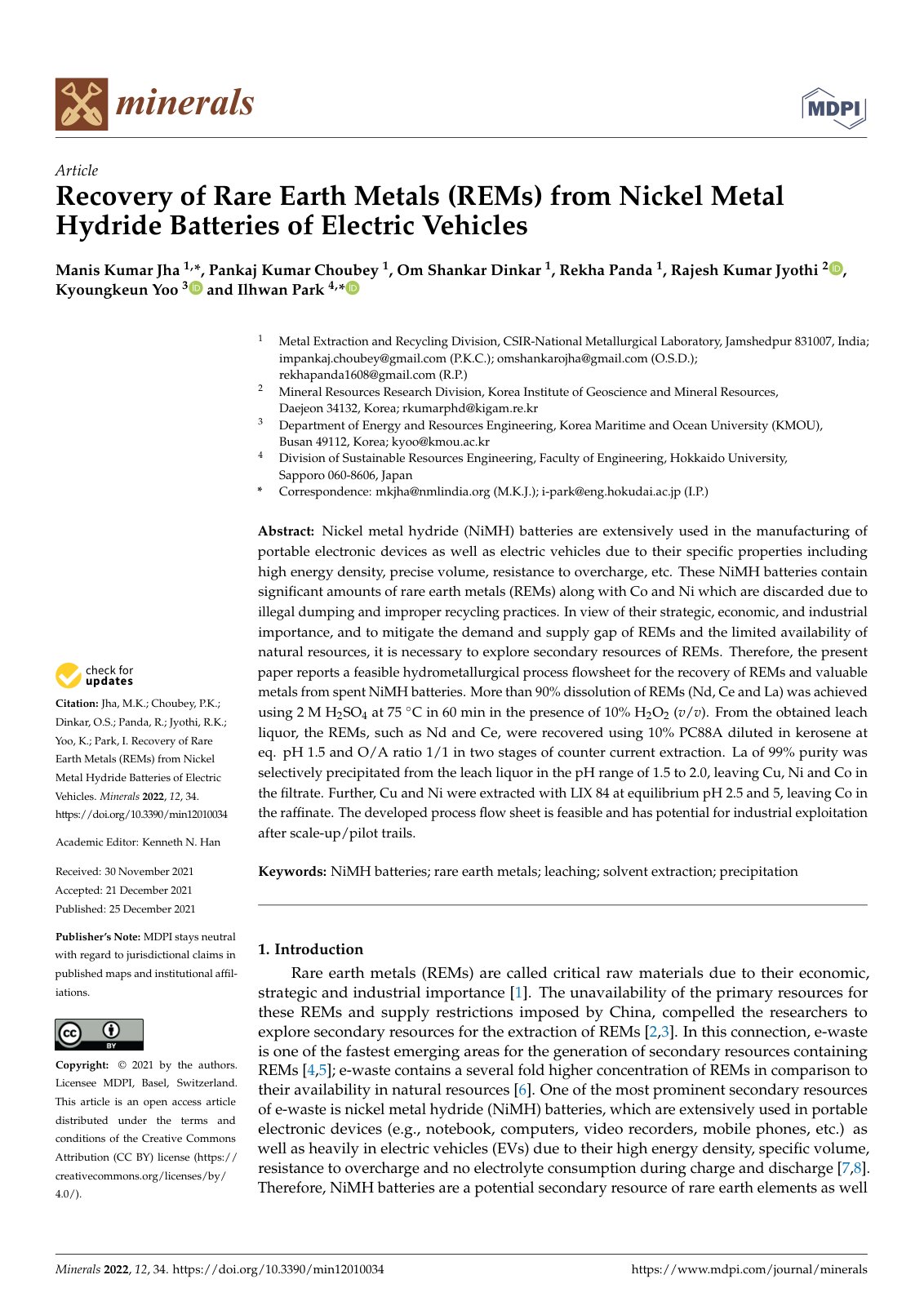 First page of Recovery of Rare Earth Metals REMs from