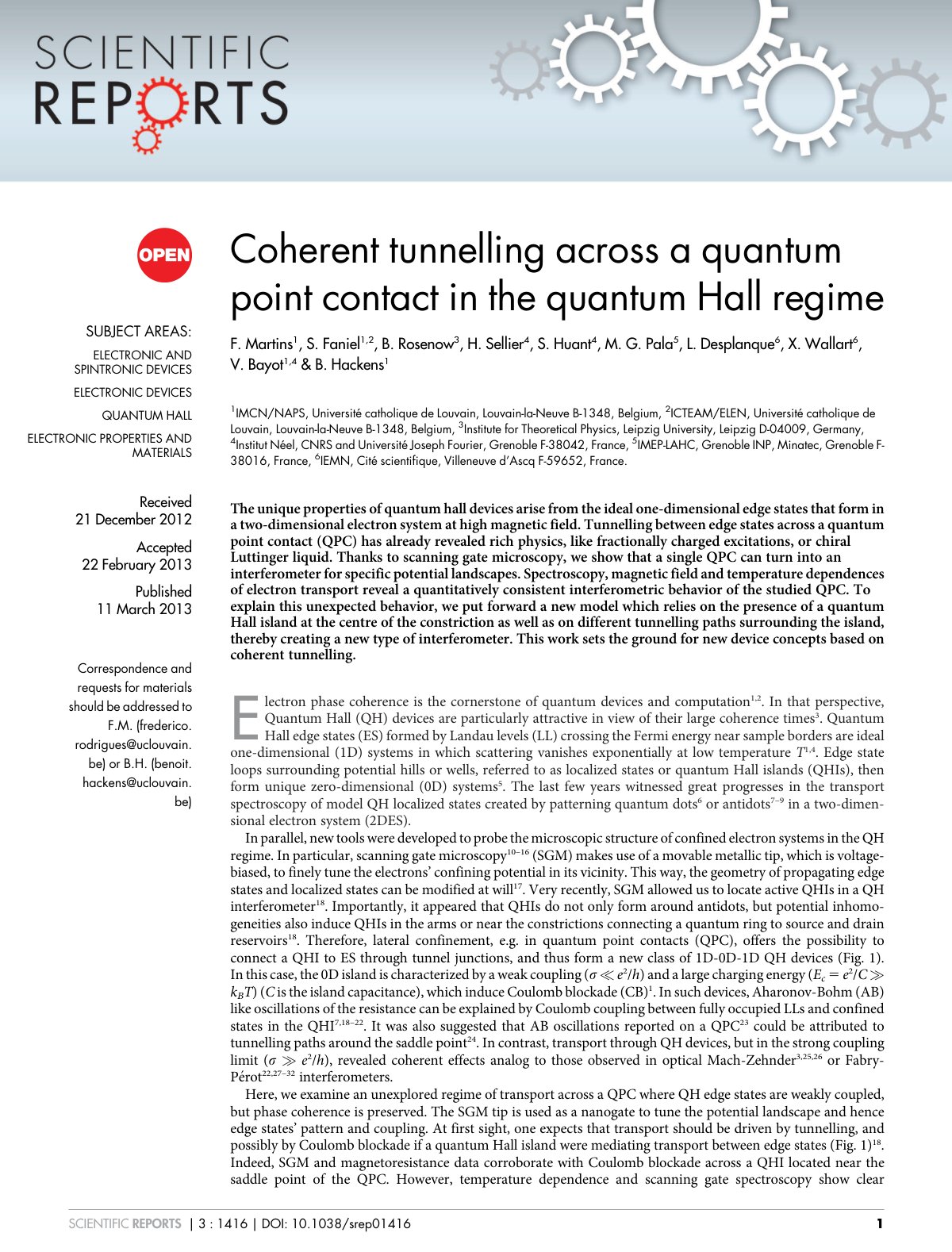 First page of Coherent tunnelling across a quantum point contact in the quantum Hall regime
