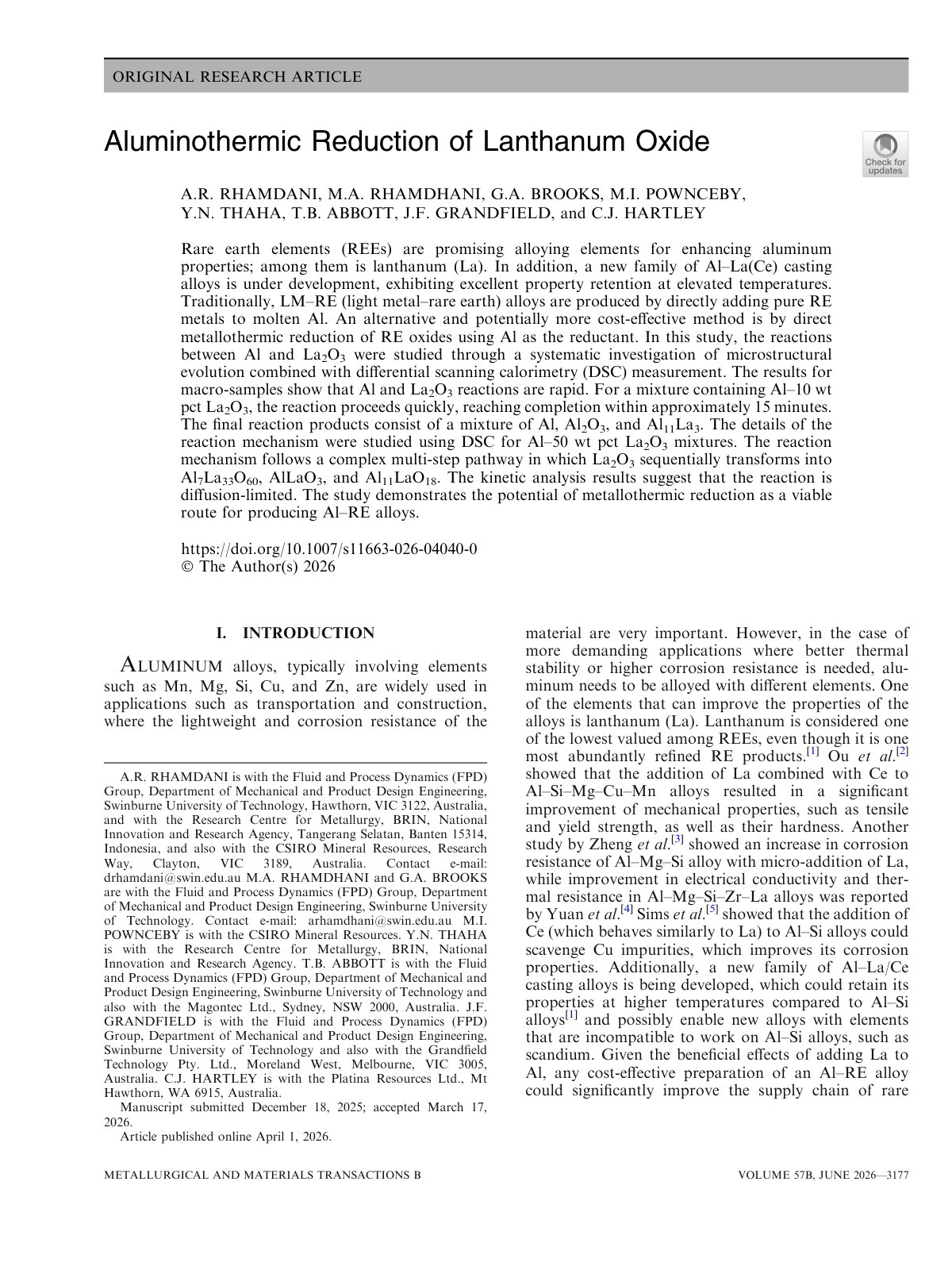 First page of 2026 Rhamdani Aluminothermic Lanthanum Oxide