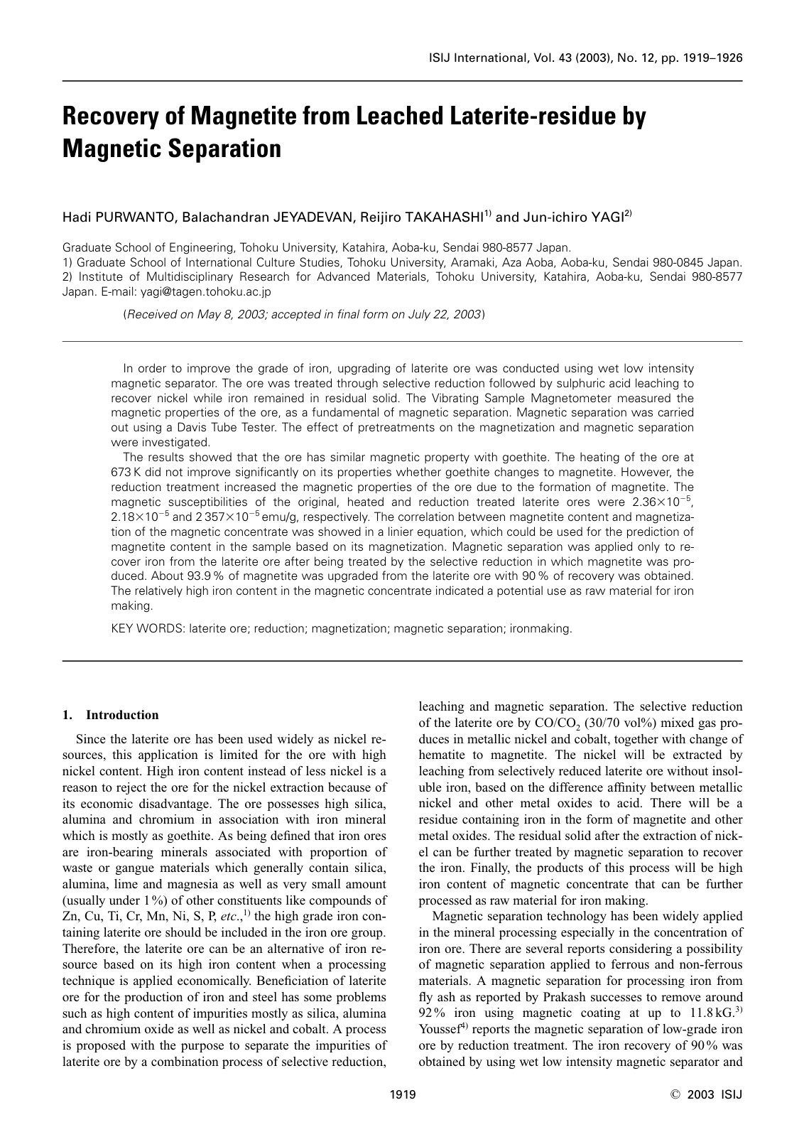 First page of Magnetic separation for processing iron from laterite ore
