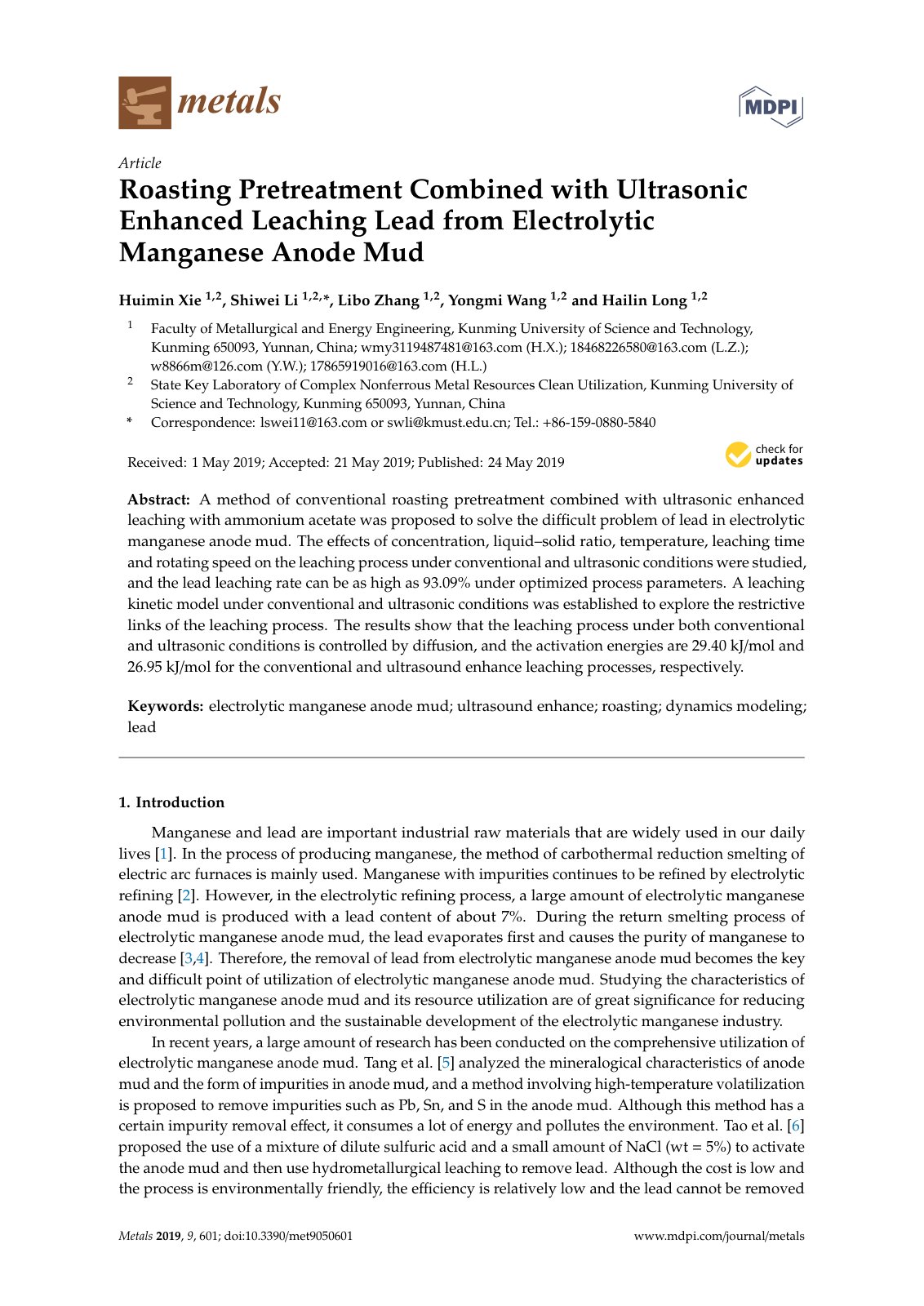 First page of 2019   Xie   Roasting Pretreatment Combined with Ultrasonic Enhanced Leaching Lead from