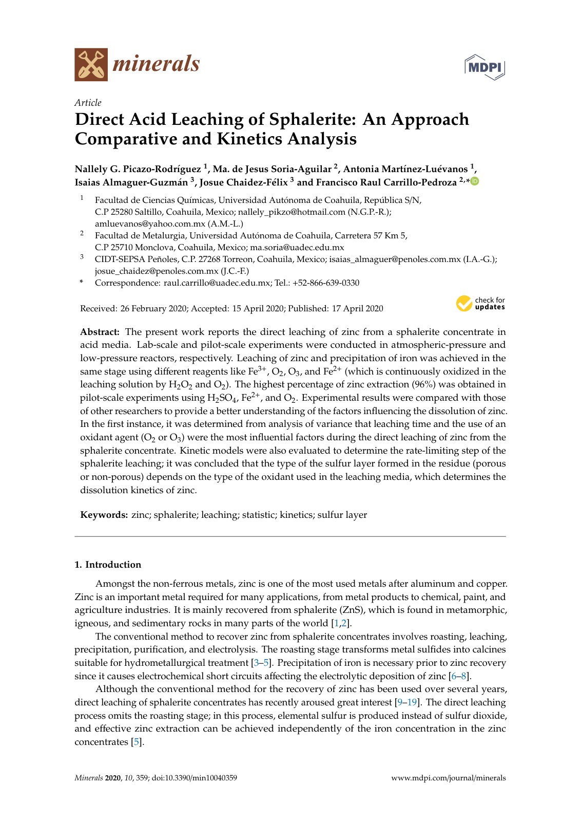 First page of Direct Acid Leaching of Sphalerite: An Approach Comparative and Kinetics Analysis