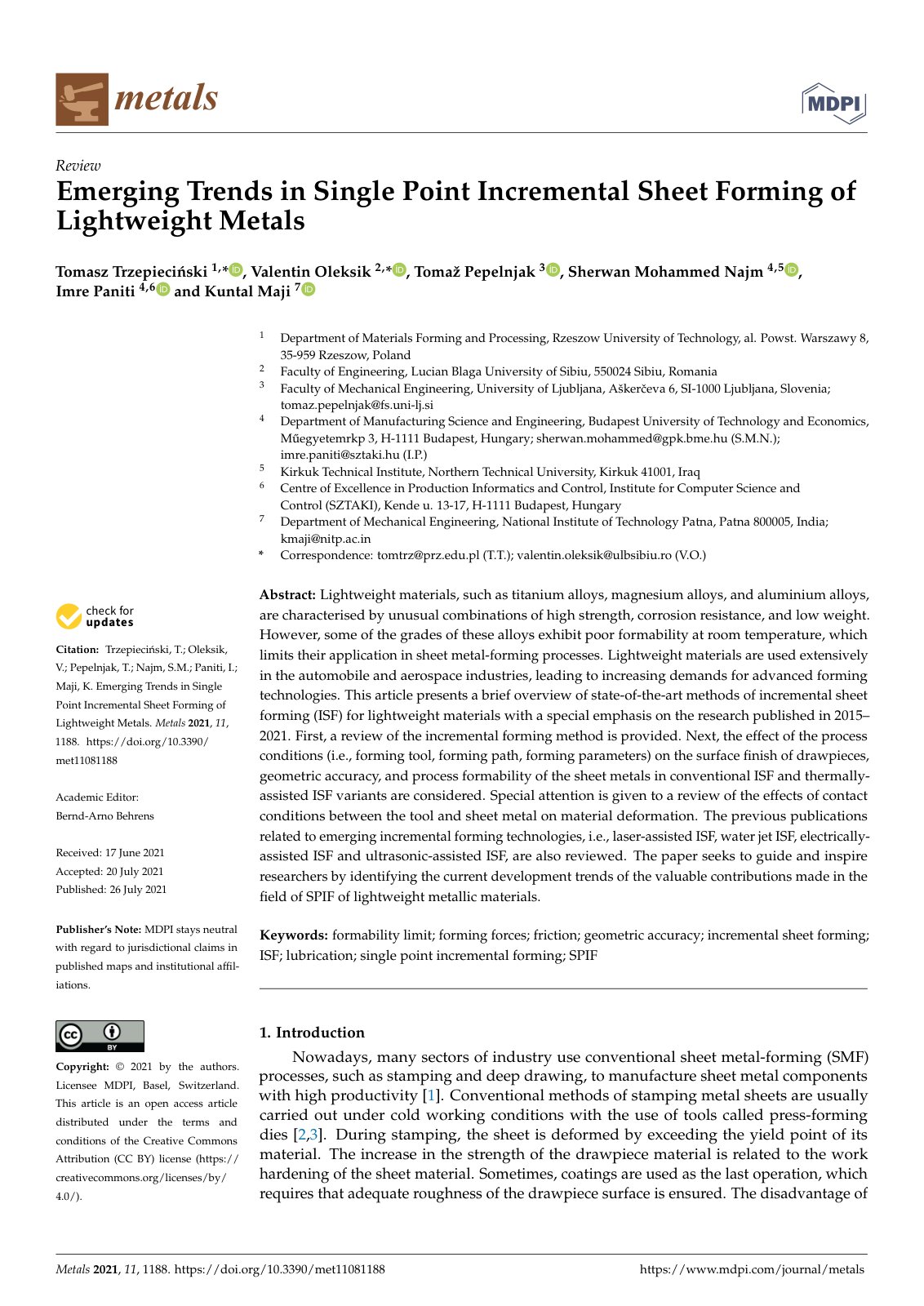 First page of Emerging Trends in Single Point Incremental Sheet Forming of Lightweight Metals