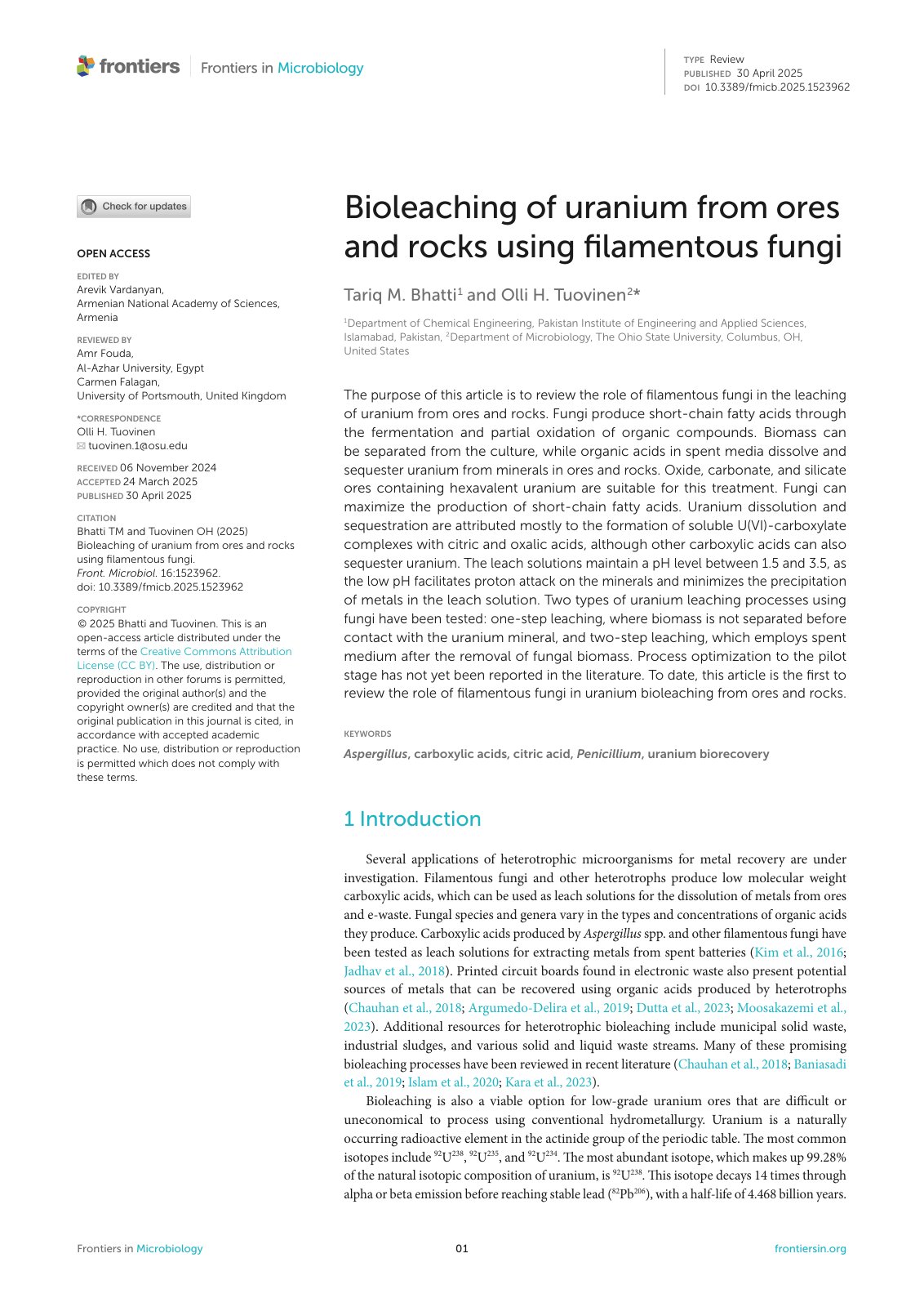 First page of Bioleaching of uranium from ores and rocks using filamentous fungi