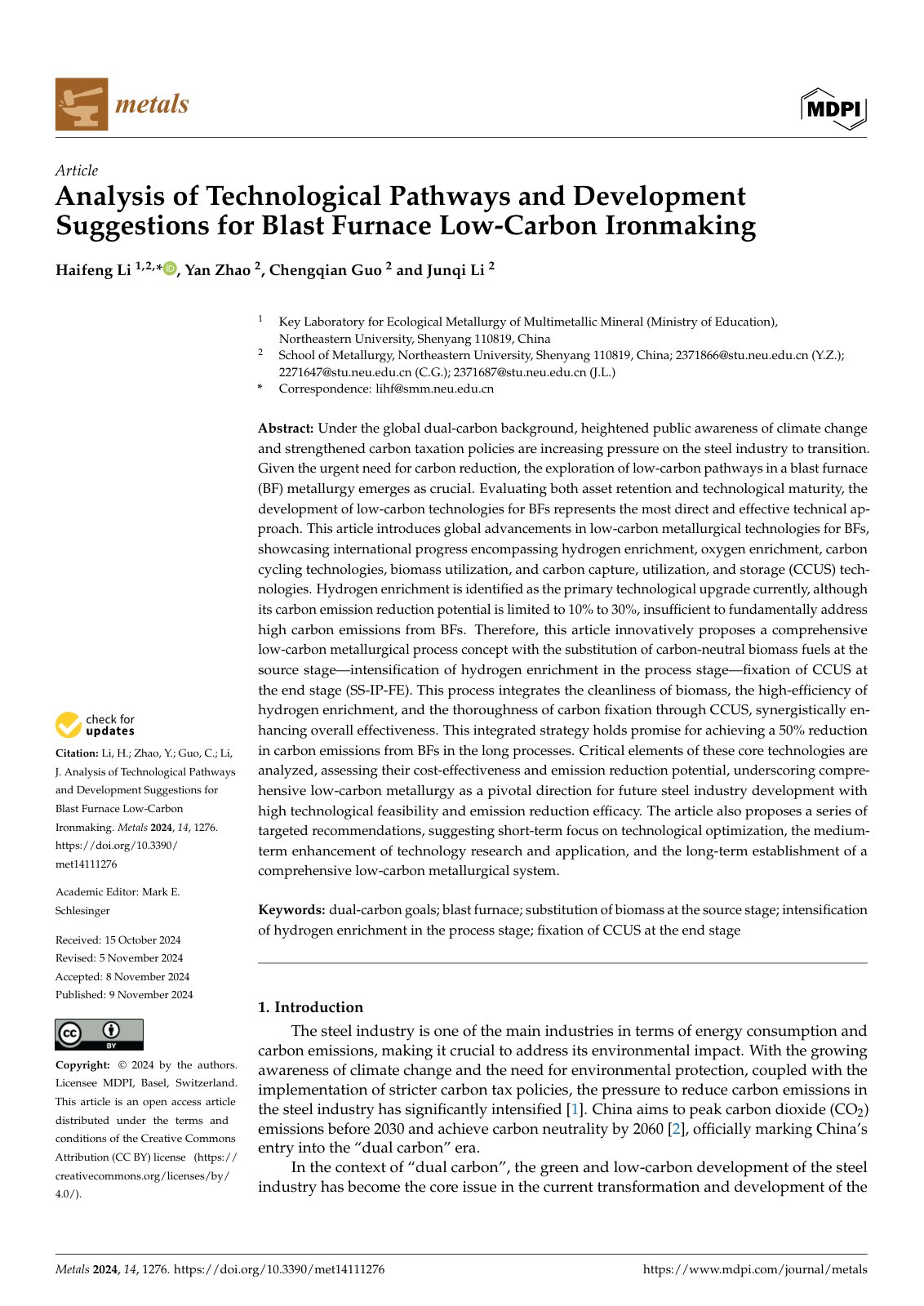First page of Analysis of Technological Pathways and Development Suggestions for Blast Furnace Low-Carbon Ironmaking